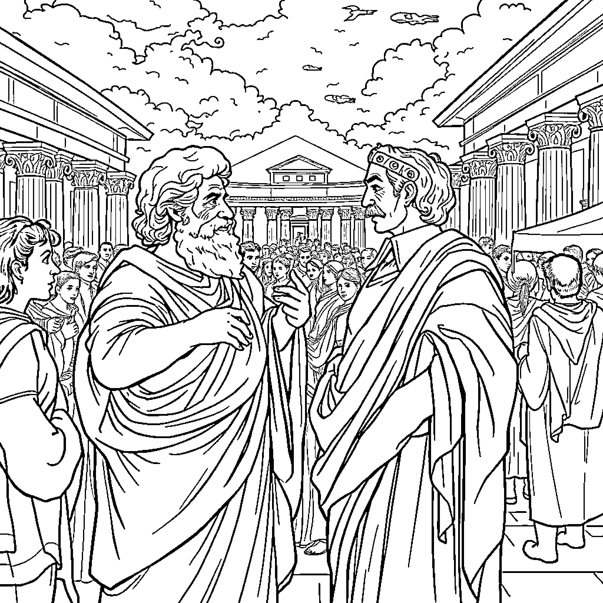 Socrates Engaged in Philosophical Discourse with Followers Coloring Page (free black-and-white line drawing printable PDF for all, from beginners to advanced learners, including children, teens, adults, and seniors)