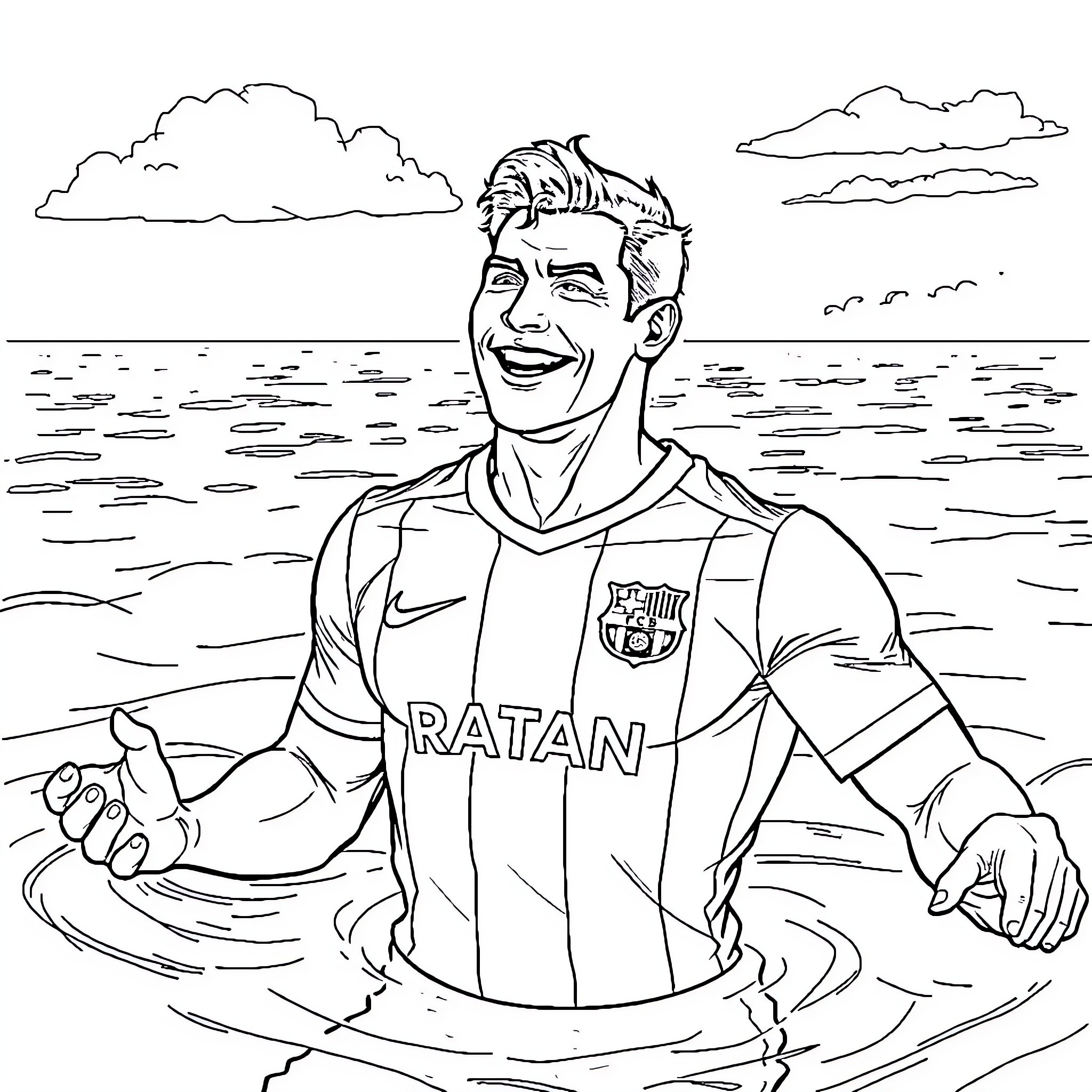 Superman relaxing on the beach in his Barcelona jersey Coloring Page (free black-and-white line drawing printable PDF for all, from beginners to advanced learners, including children, teens, adults, and seniors)