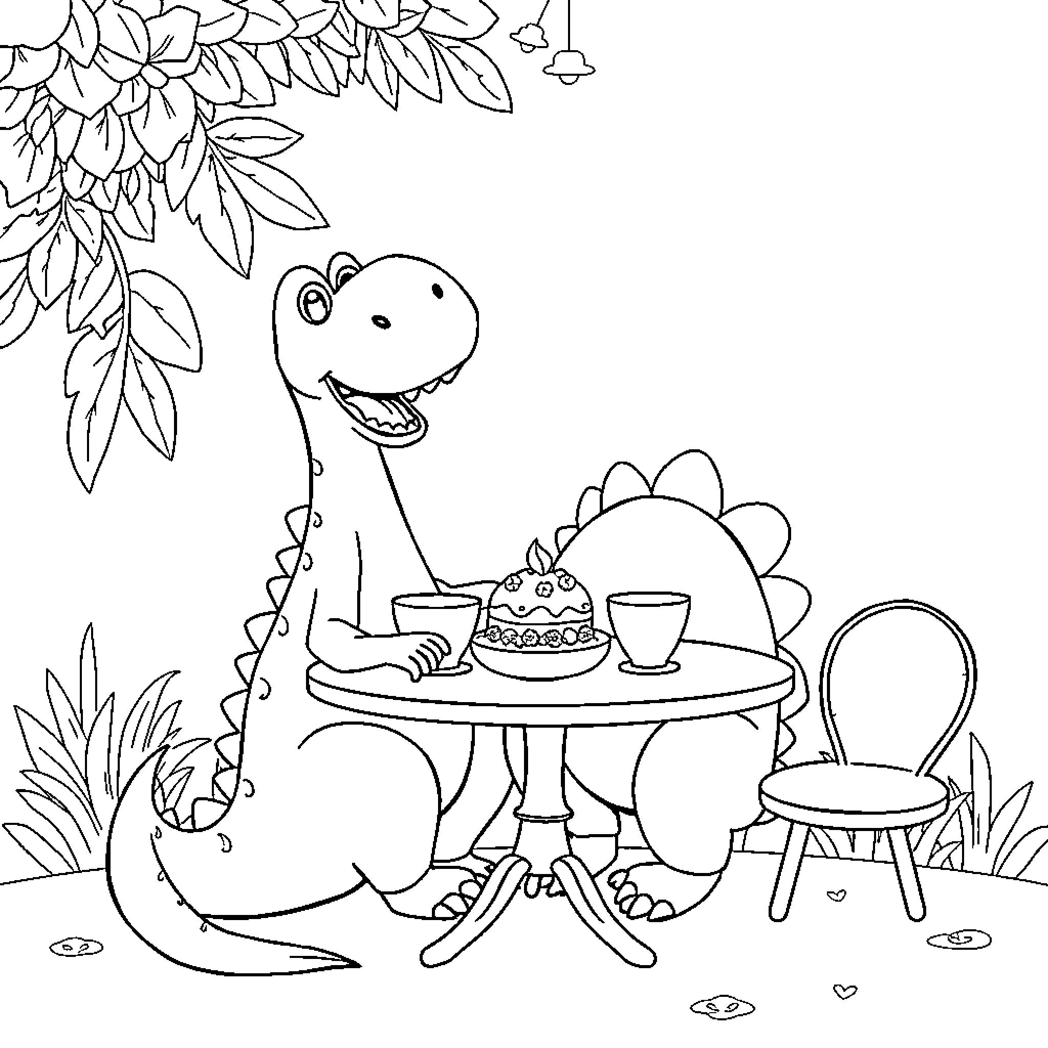 Dinosaur enjoying a picnic in the park Coloring Page (free black-and-white line drawing printable PDF for all, from beginners to advanced learners, including children, teens, adults, and seniors)
