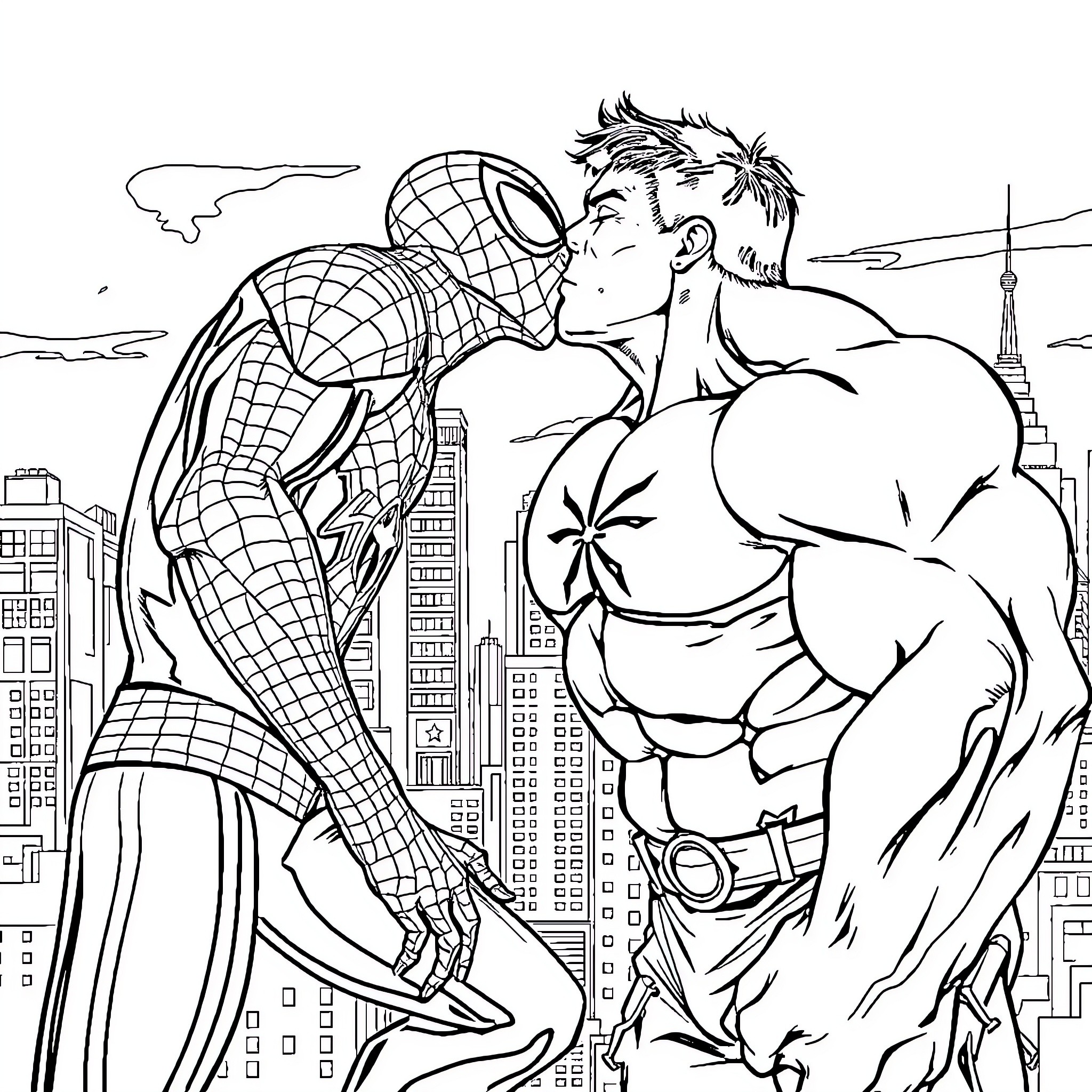 Spider-Man facing off against a muscular villain in the city Coloring Page (free black-and-white line drawing printable PDF for all, from beginners to advanced learners, including children, teens, adults, and seniors)