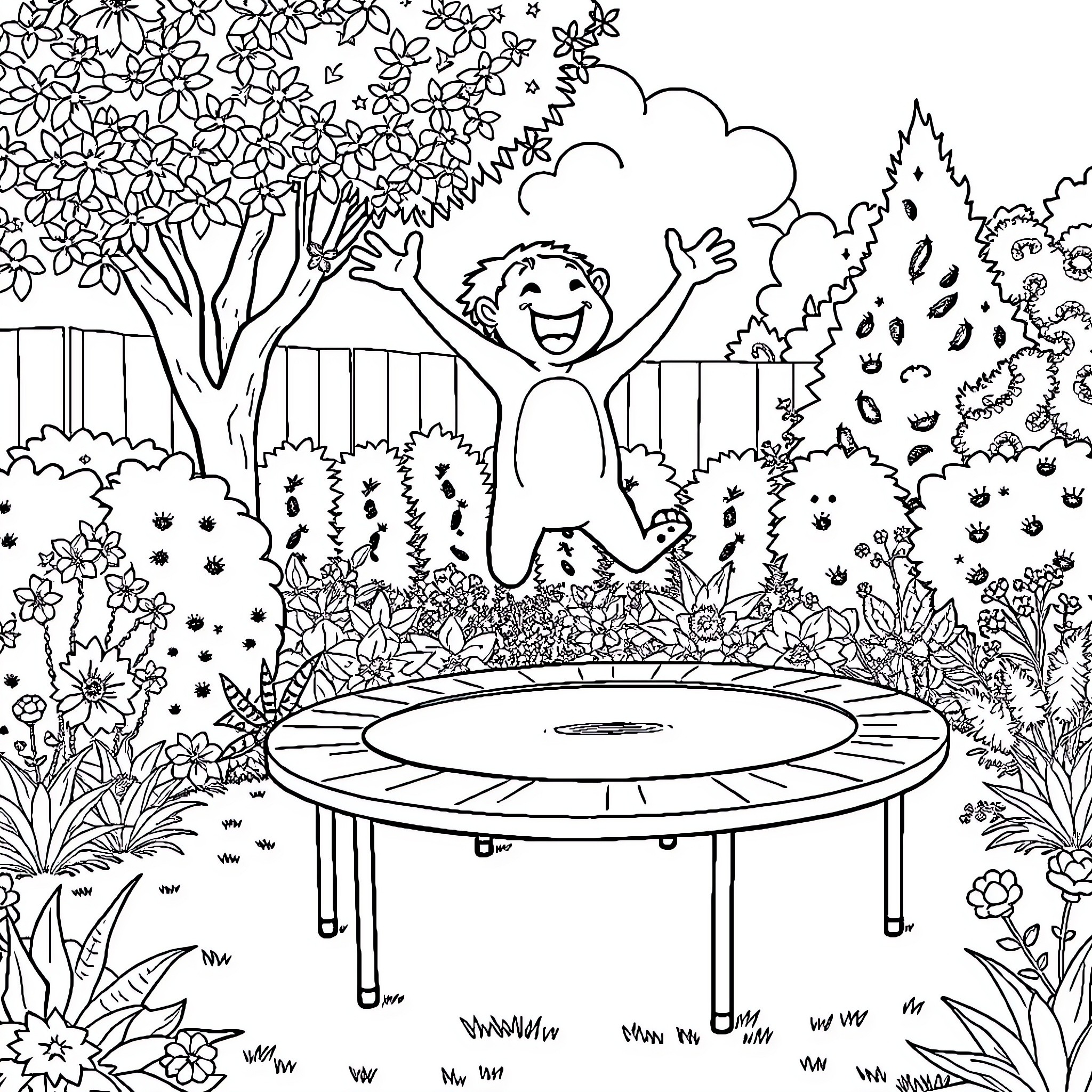Dwarf jumping happily on a trampoline in the garden Coloring Page (free black-and-white line drawing printable PDF for all, from beginners to advanced learners, including children, teens, adults, and seniors)