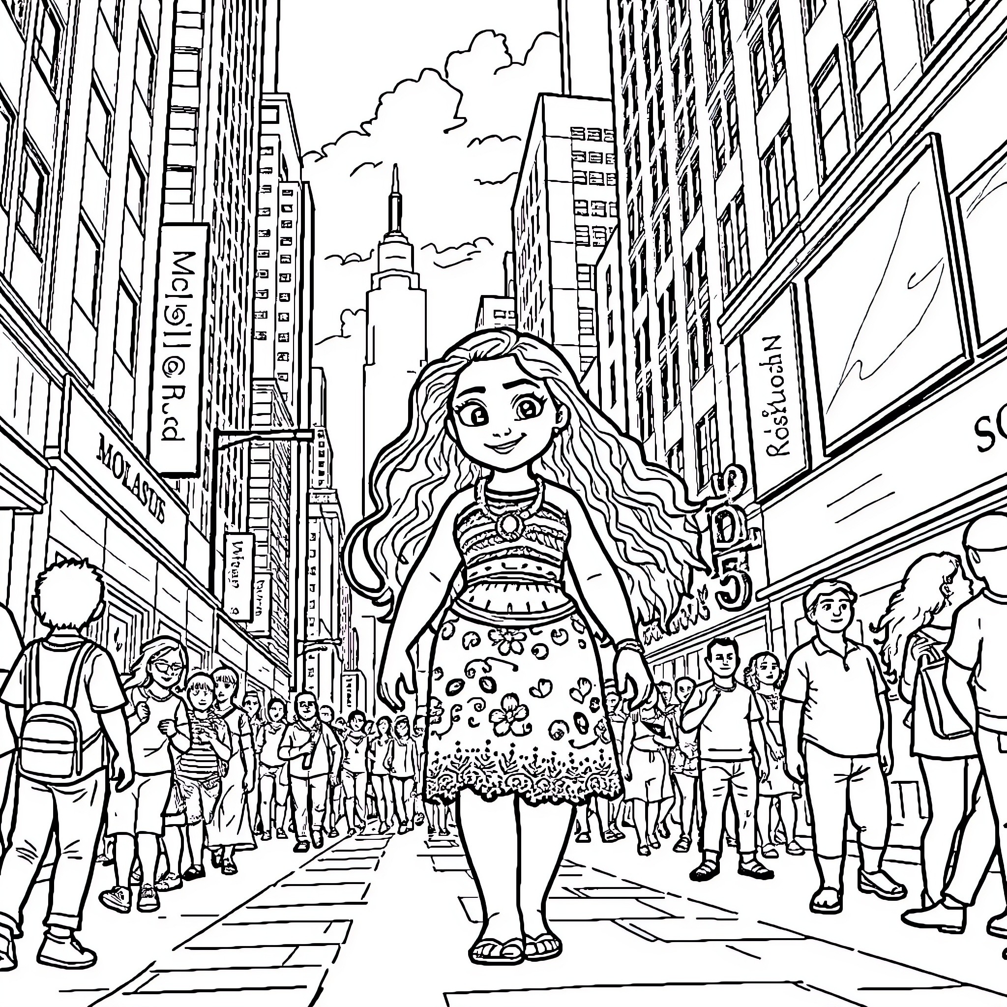 Moana exploring the busy city streets Coloring Page (free black-and-white line drawing printable PDF for all, from beginners to advanced learners, including children, teens, adults, and seniors)