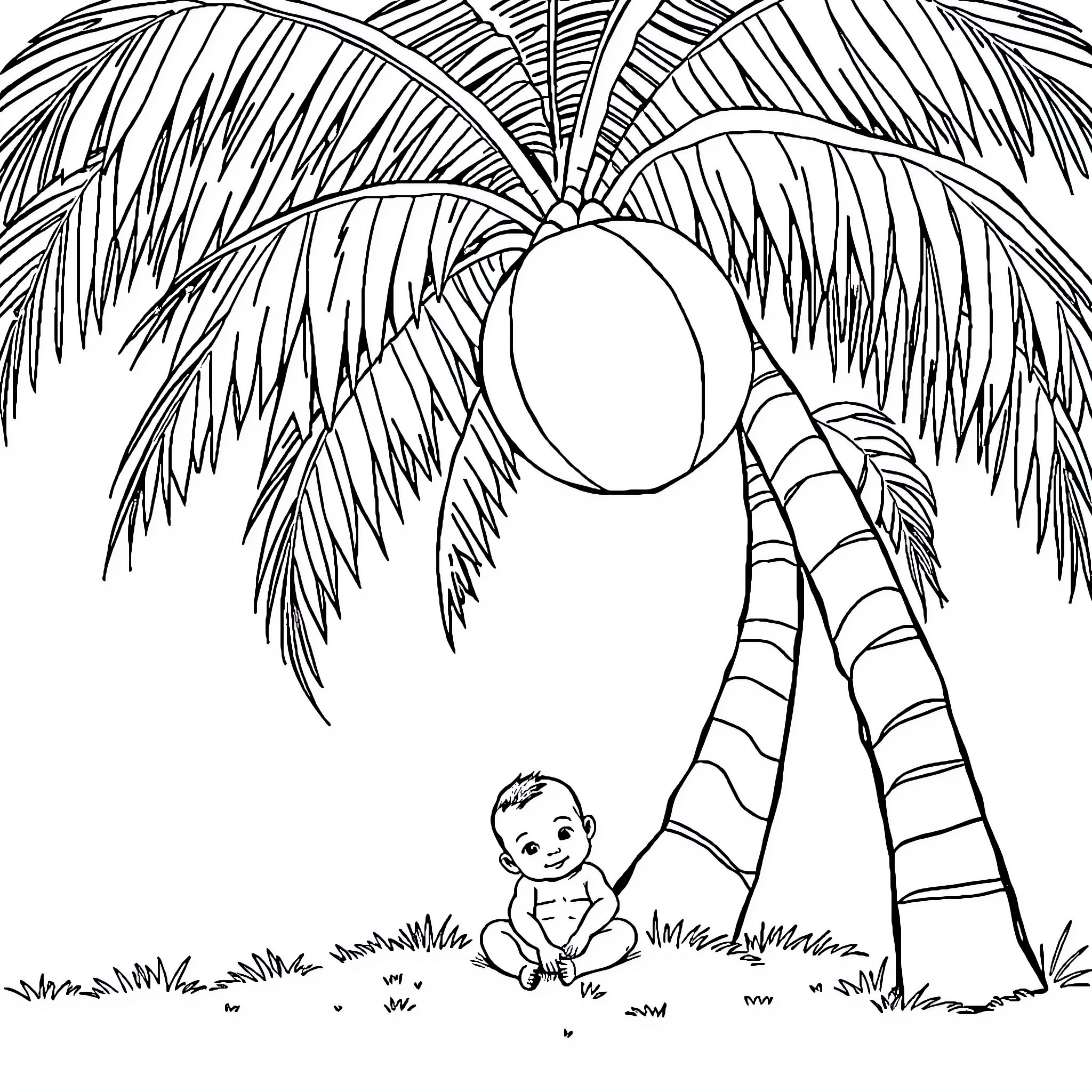 Bebe relaxing under the palm tree Coloring Page (free black-and-white line drawing printable PDF for all, from beginners to advanced learners, including children, teens, adults, and seniors)