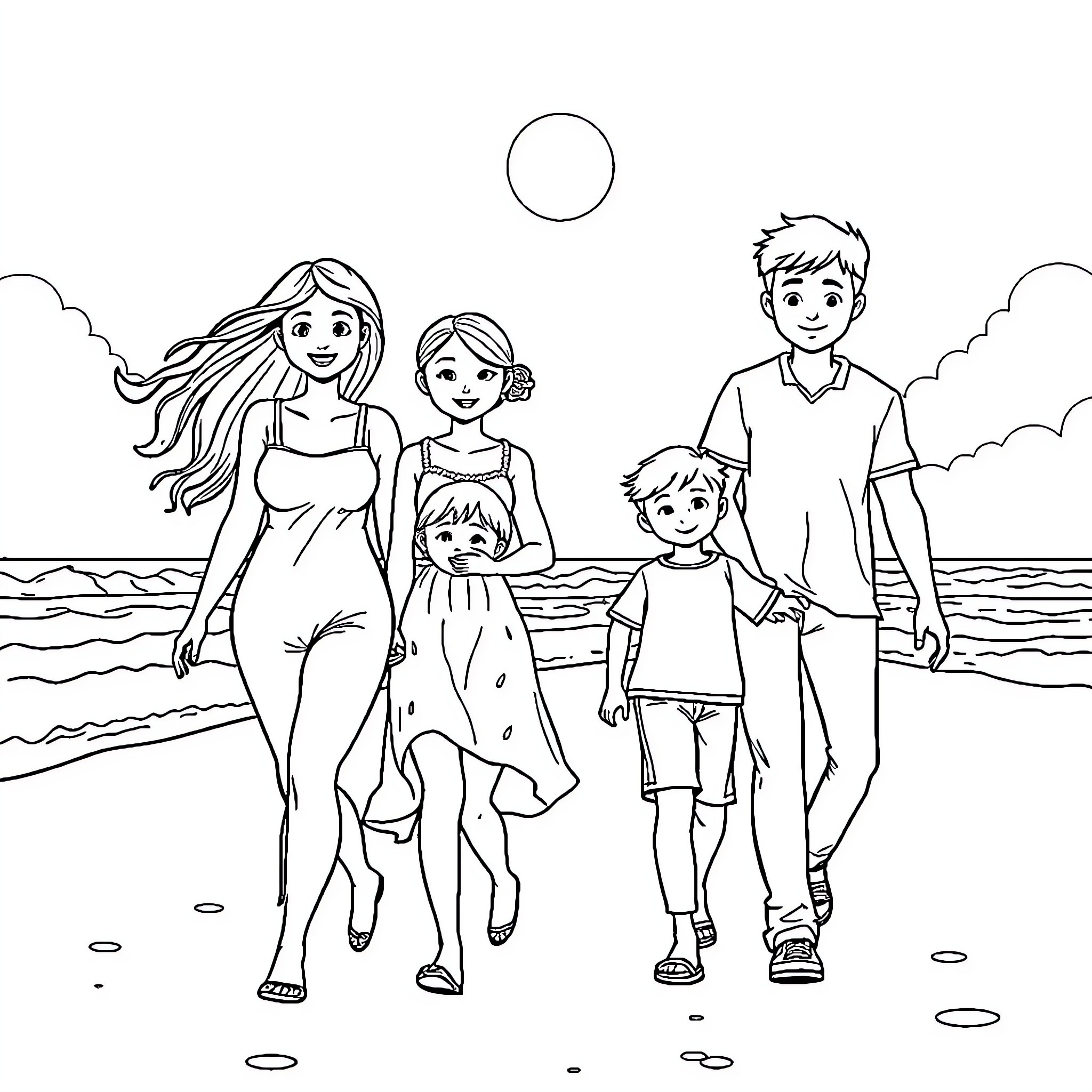 Family Outing at the Beach Coloring Page (free black-and-white line drawing printable PDF for all, from beginners to advanced learners, including children, teens, adults, and seniors)
