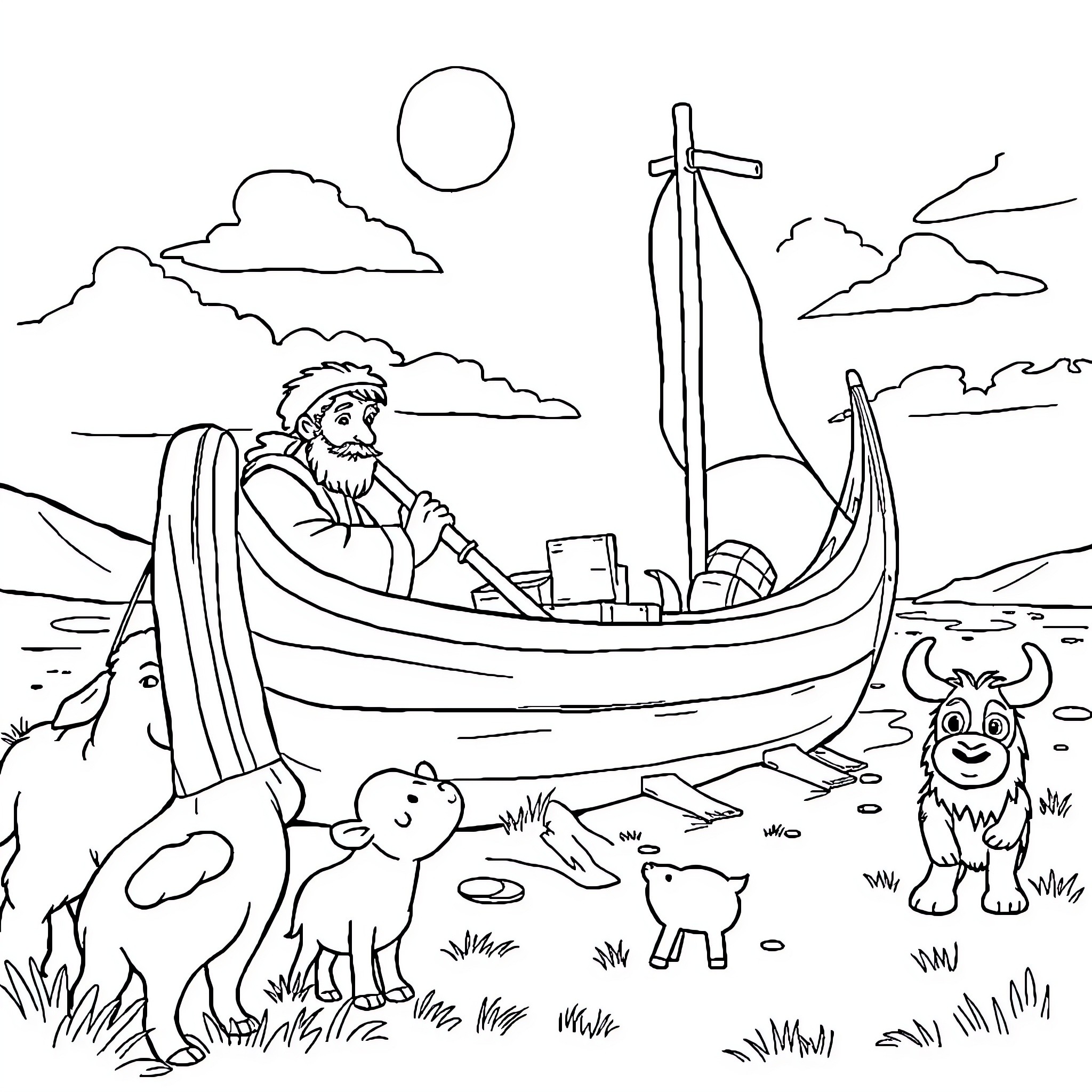 Noah's Journey Through the Wilderness Coloring Page (free black-and-white line drawing printable PDF for all, from beginners to advanced learners, including children, teens, adults, and seniors)
