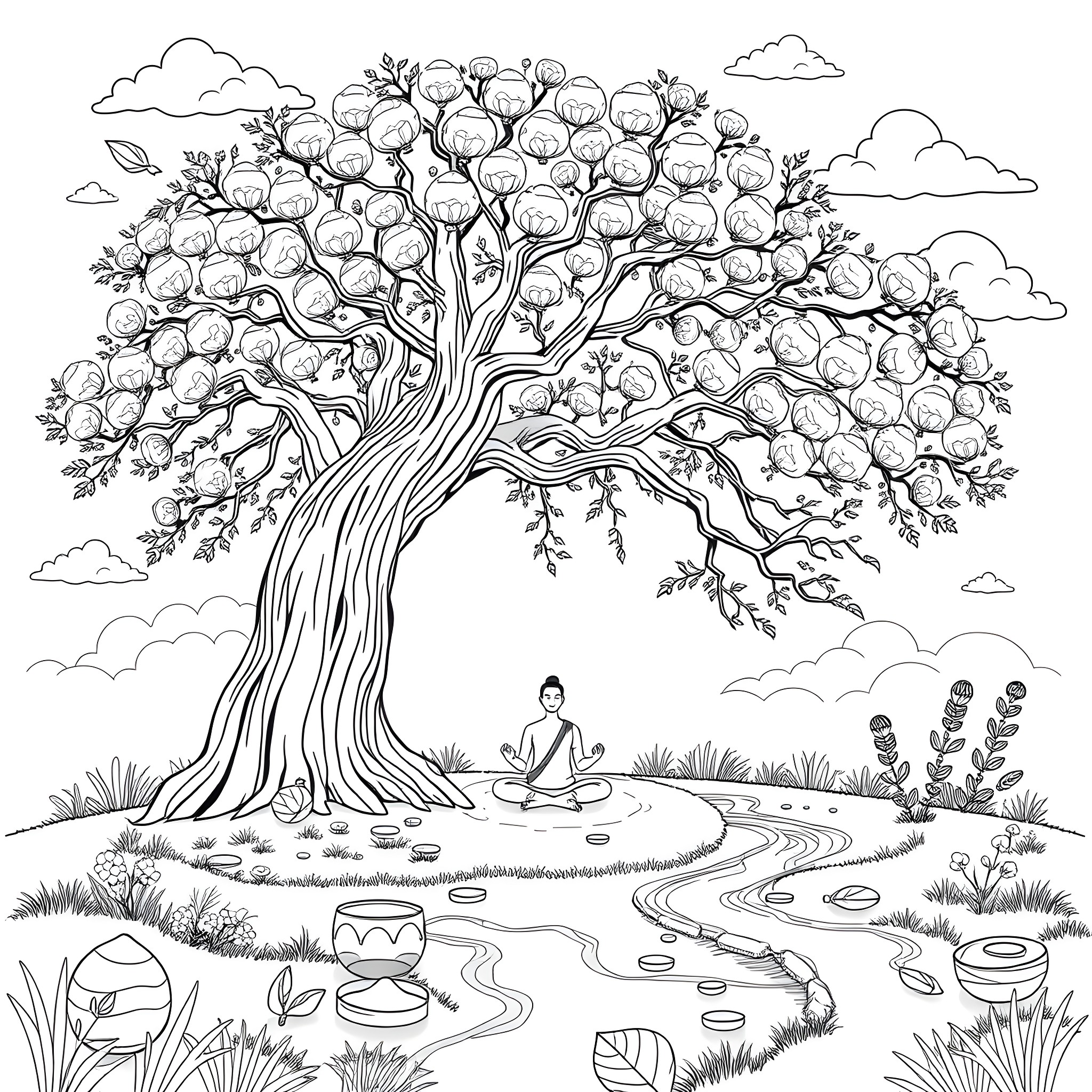 Mental Health: Peaceful Meditation under Whimsical Tree Coloring Page (free black-and-white line drawing printable PDF for all, from beginners to advanced learners, including children, teens, adults, and seniors)