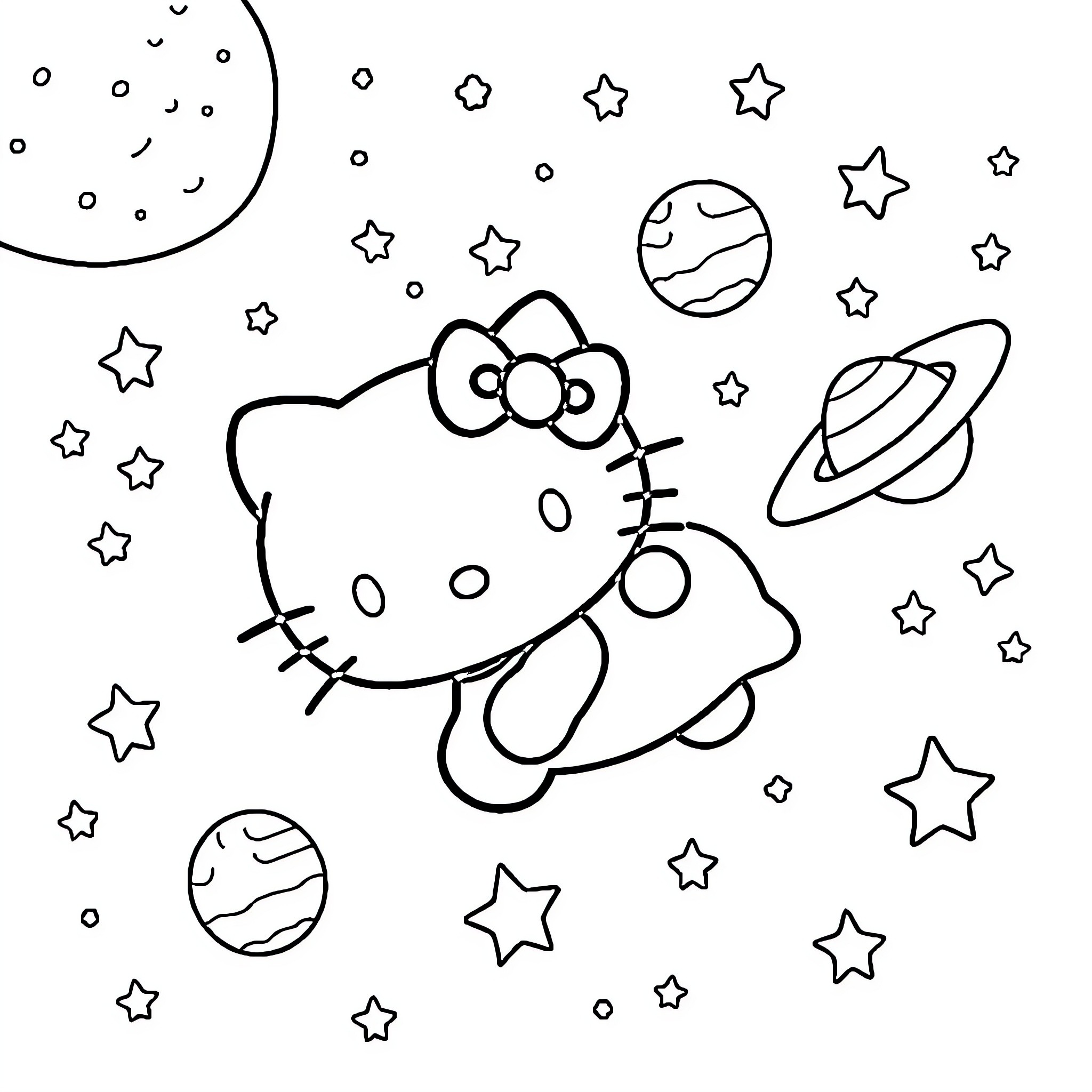 Hello Kitty explores the starry universe Coloring Page (free black-and-white line drawing printable PDF for all, from beginners to advanced learners, including children, teens, adults, and seniors)