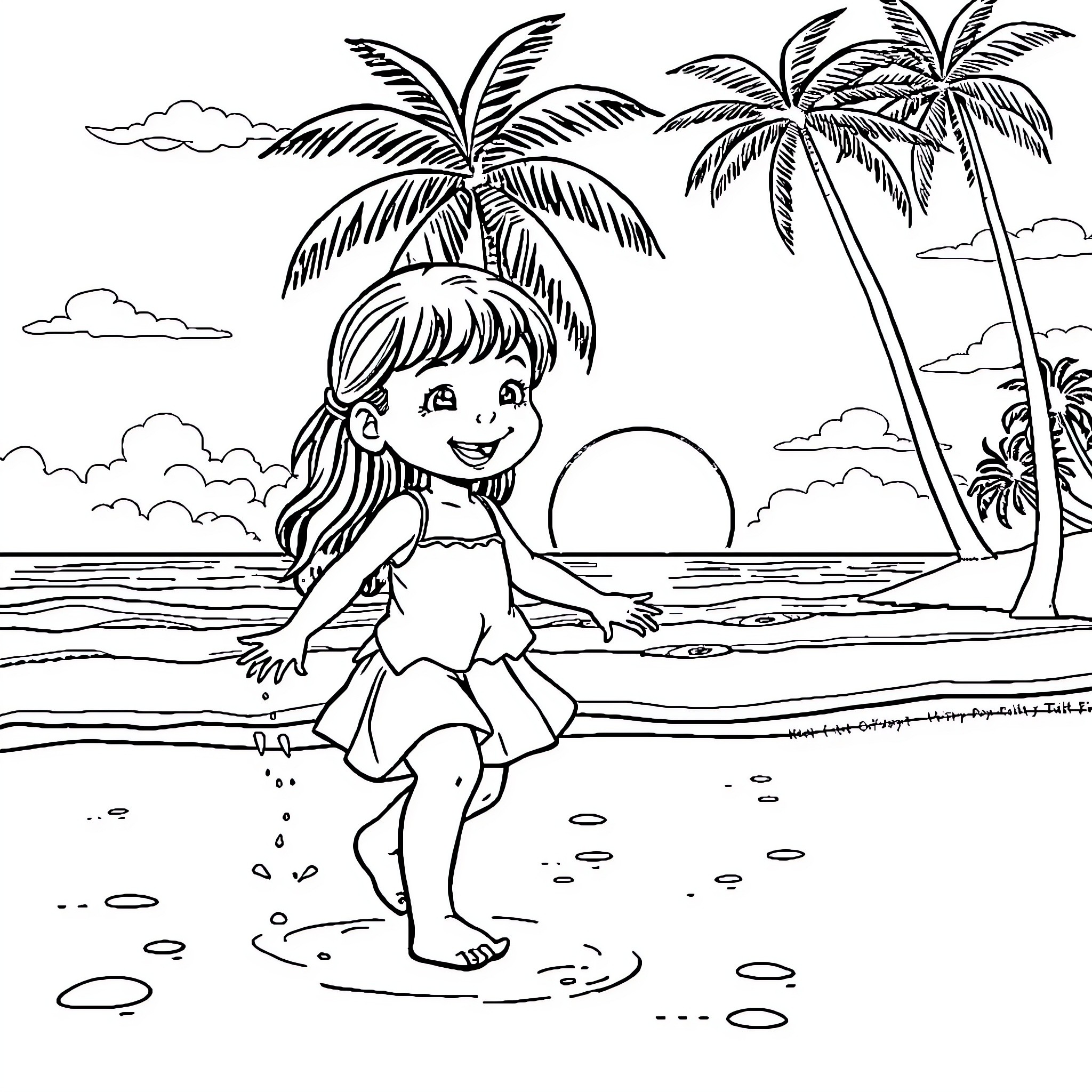 Girl playing joyfully on tropical beach Coloring Page (free black-and-white line drawing printable PDF for all, from beginners to advanced learners, including children, teens, adults, and seniors)