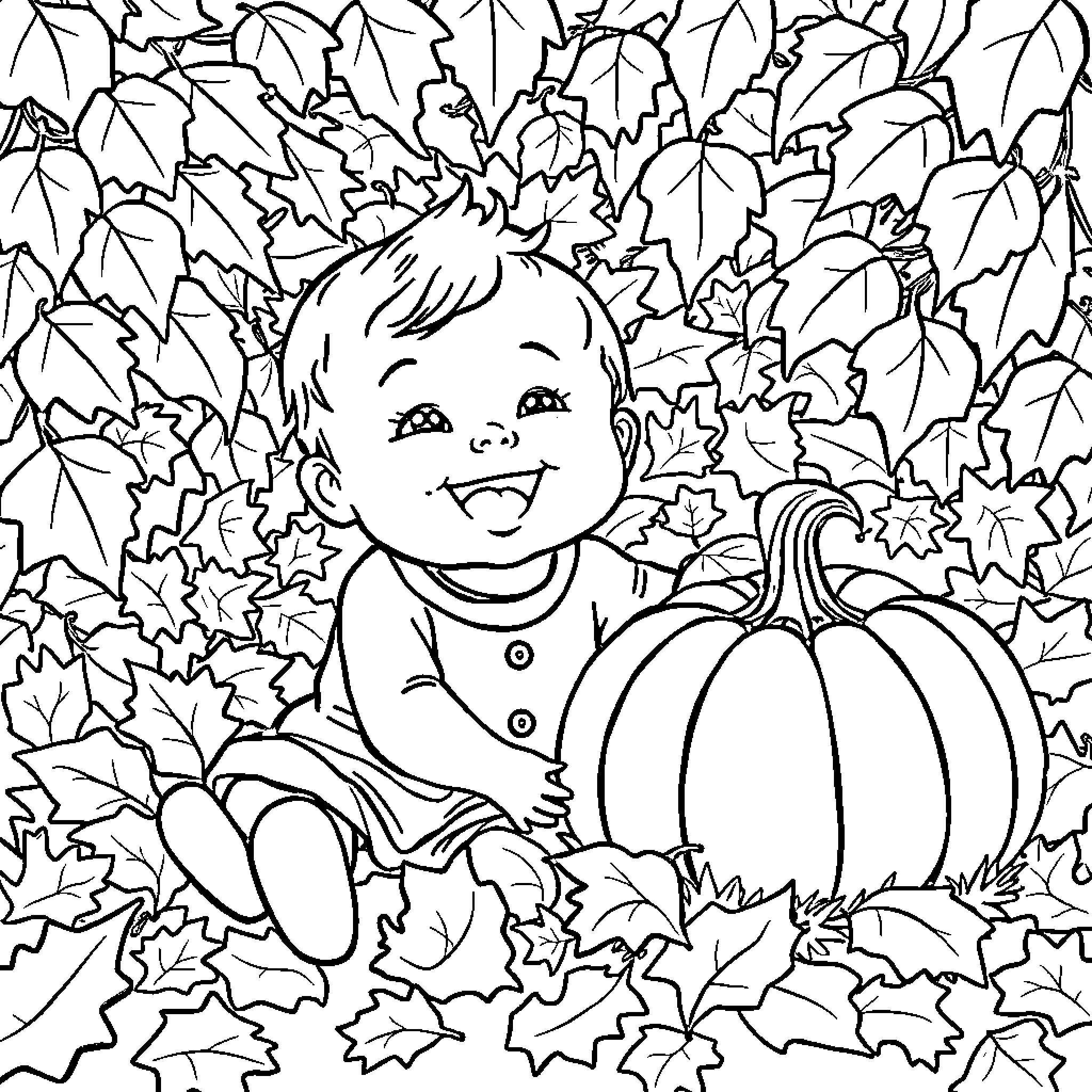 Baby smiling happily with pumpkin in autumn leaves Coloring Page (free black-and-white line drawing printable PDF for all, from beginners to advanced learners, including children, teens, adults, and seniors)