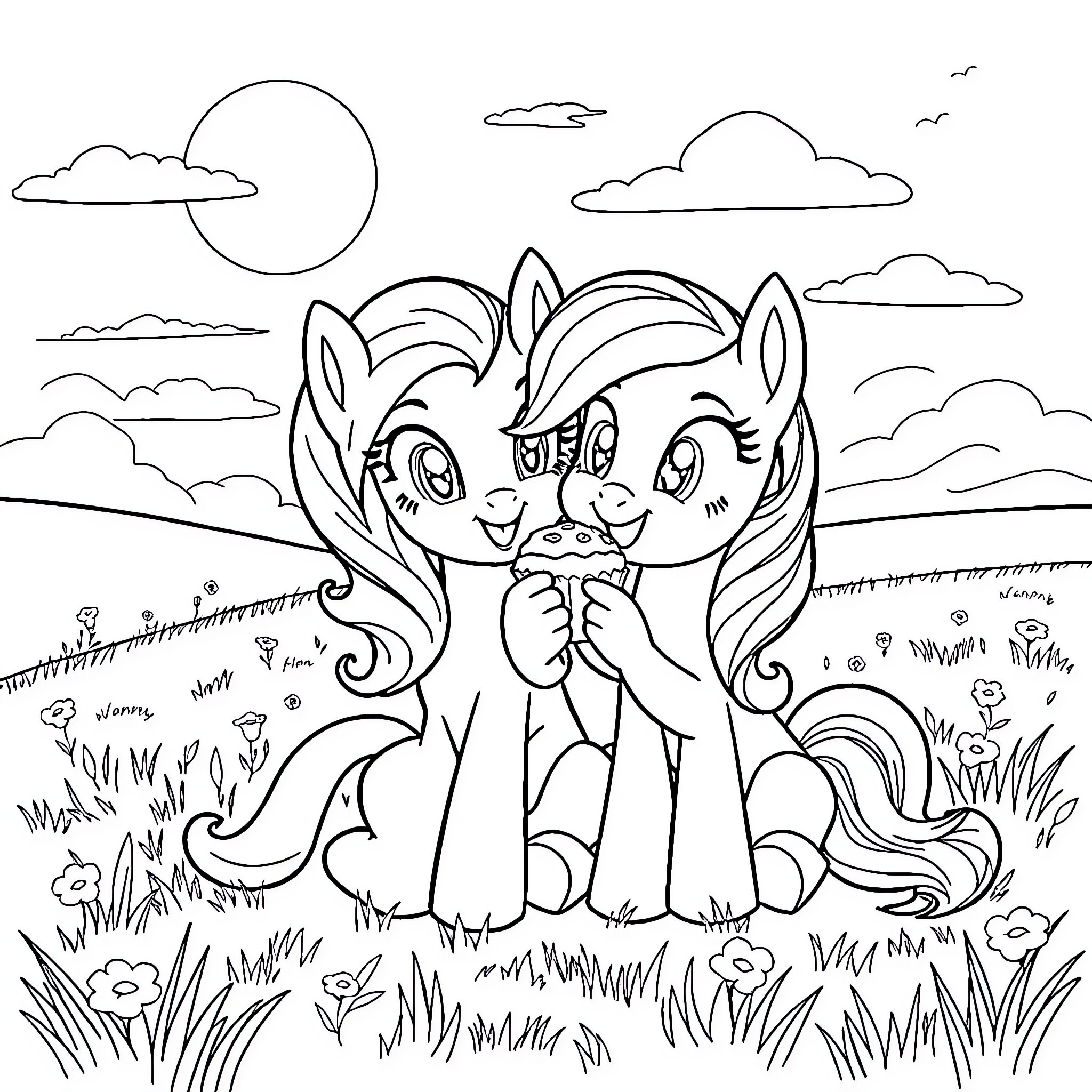 Pony friends frolicking in a scenic meadow Coloring Page (free black-and-white line drawing printable PDF for all, from beginners to advanced learners, including children, teens, adults, and seniors)