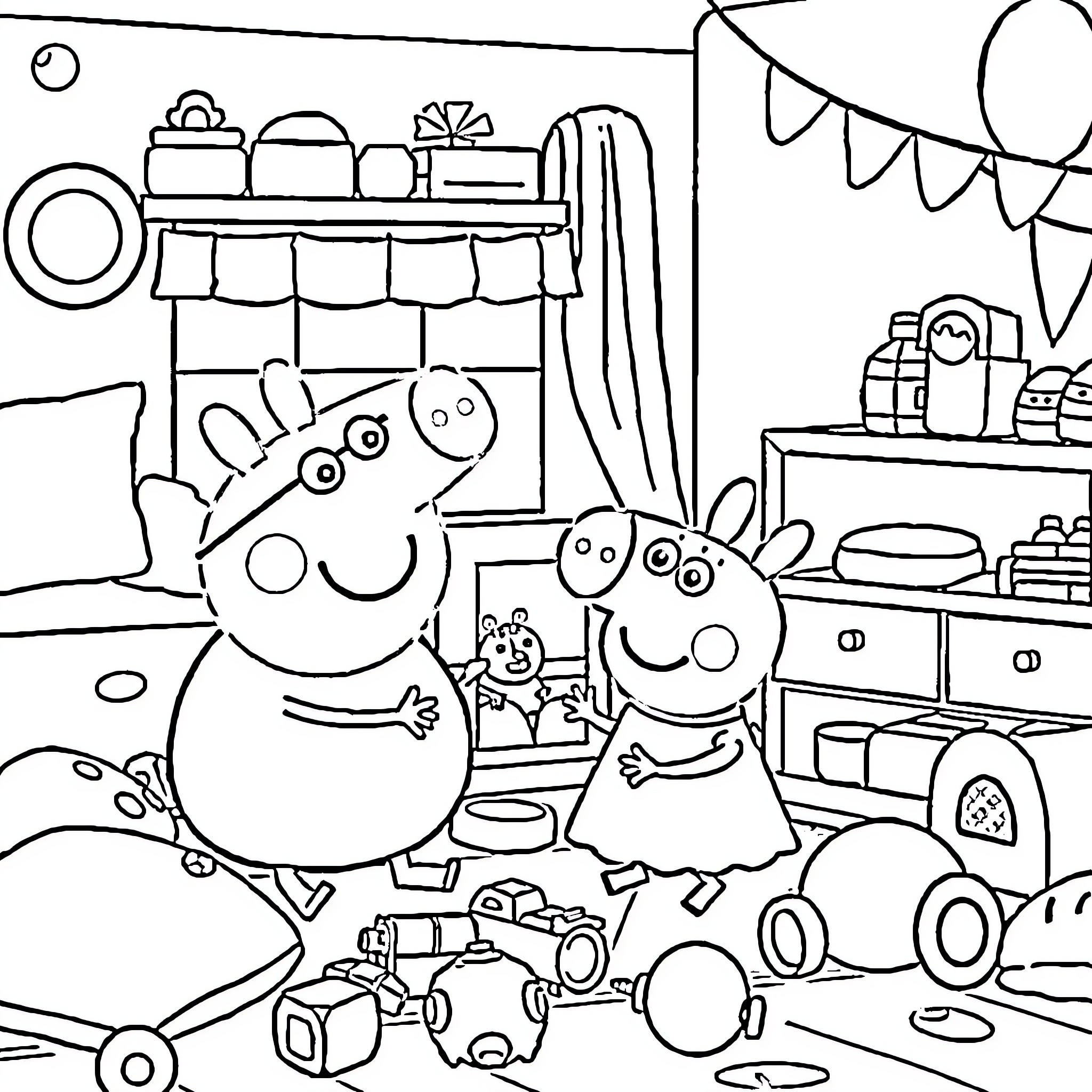 Peppa Pig and Family Enjoying a Birthday Party Coloring Page (free black-and-white line drawing printable PDF for all, from beginners to advanced learners, including children, teens, adults, and seniors)