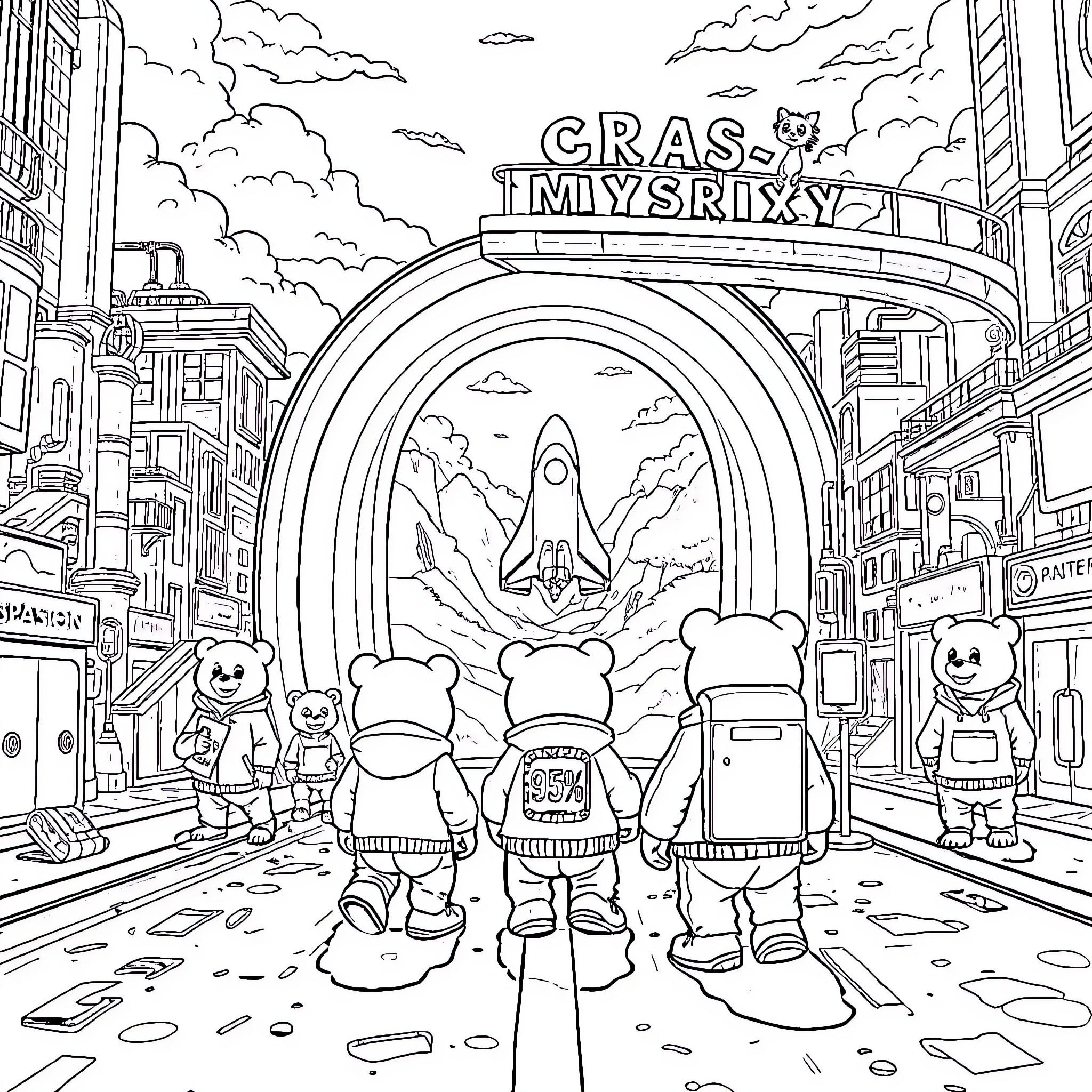 Bear characters exploring a futuristic city landscape Coloring Page (free black-and-white line drawing printable PDF for all, from beginners to advanced learners, including children, teens, adults, and seniors)