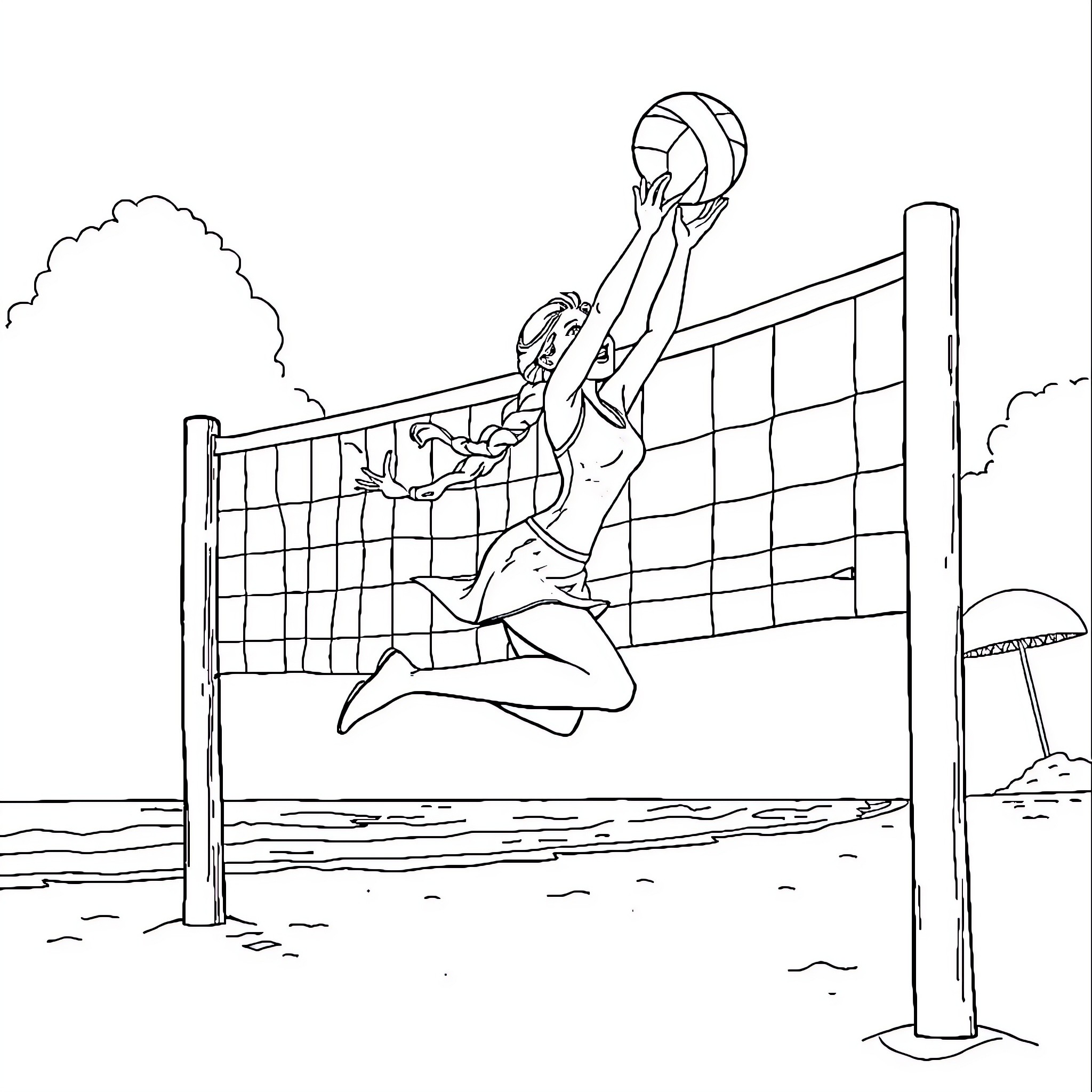 Elsa playing volleyball on the beach Coloring Page (free black-and-white line drawing printable PDF for all, from beginners to advanced learners, including children, teens, adults, and seniors)
