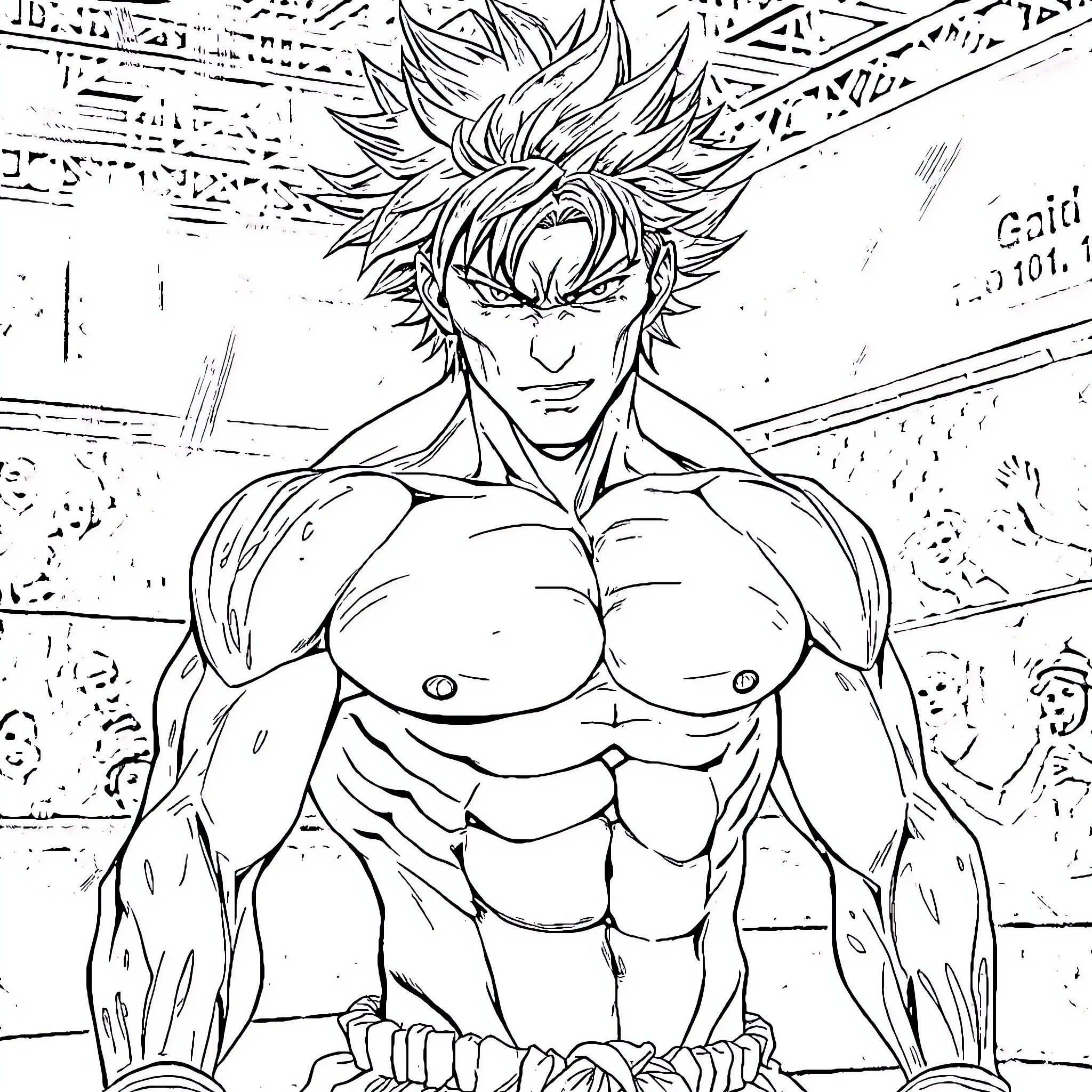 Baki Hanma's Intense Battle Stance Coloring Page (free black-and-white line drawing printable PDF for all, from beginners to advanced learners, including children, teens, adults, and seniors)