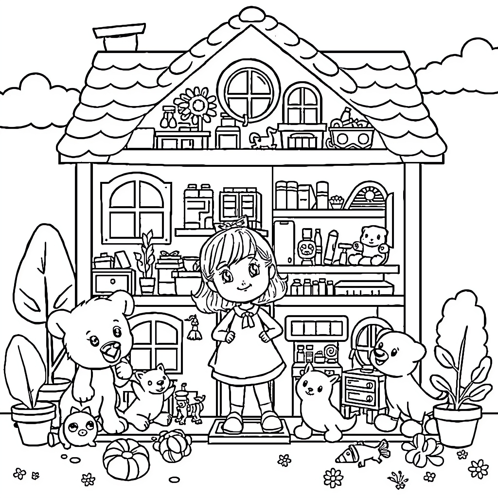 Gabby's Playful Day at the Dollhouse Coloring Page (free black-and-white line drawing printable PDF for all, from beginners to advanced learners, including children, teens, adults, and seniors)