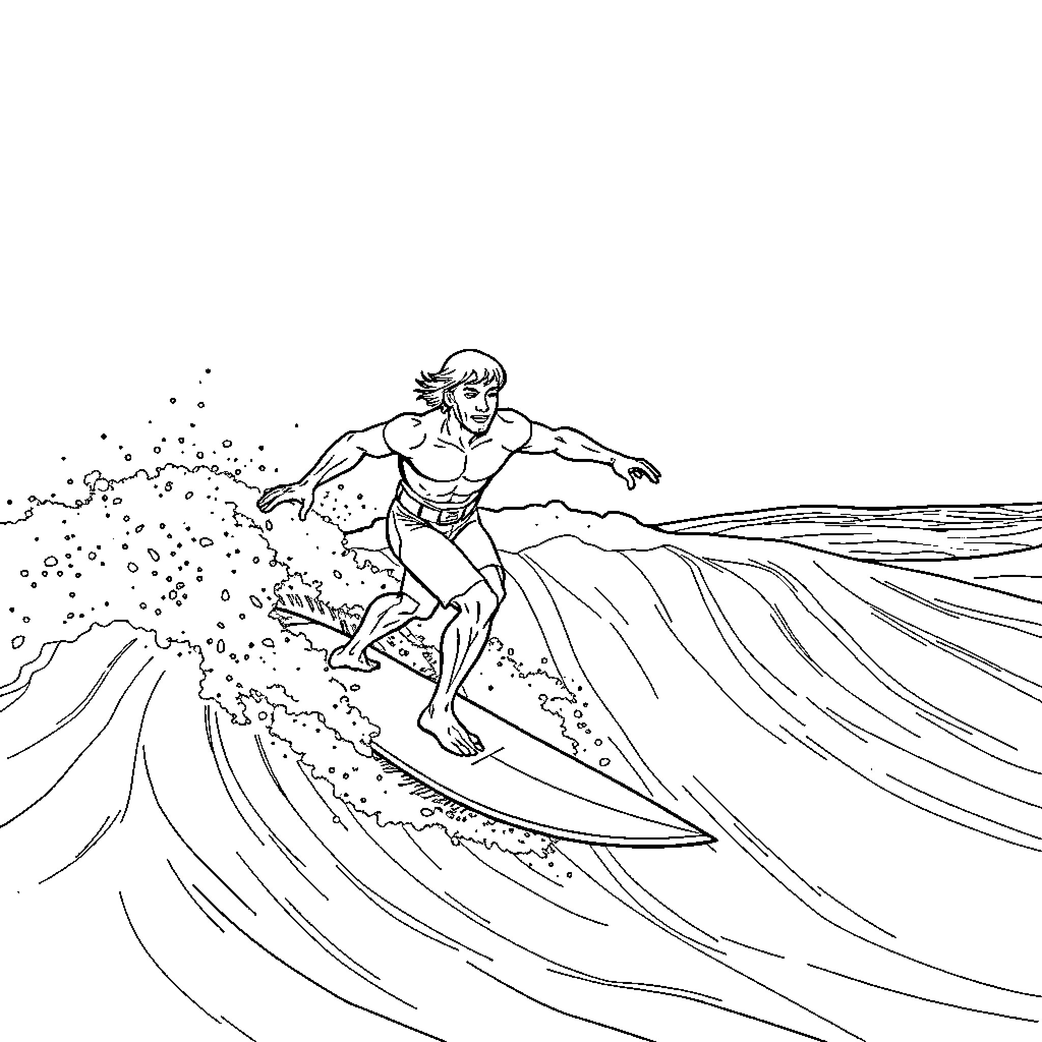 Captain Planet surfing through waves Coloring Page (free black-and-white line drawing printable PDF for all, from beginners to advanced learners, including children, teens, adults, and seniors)