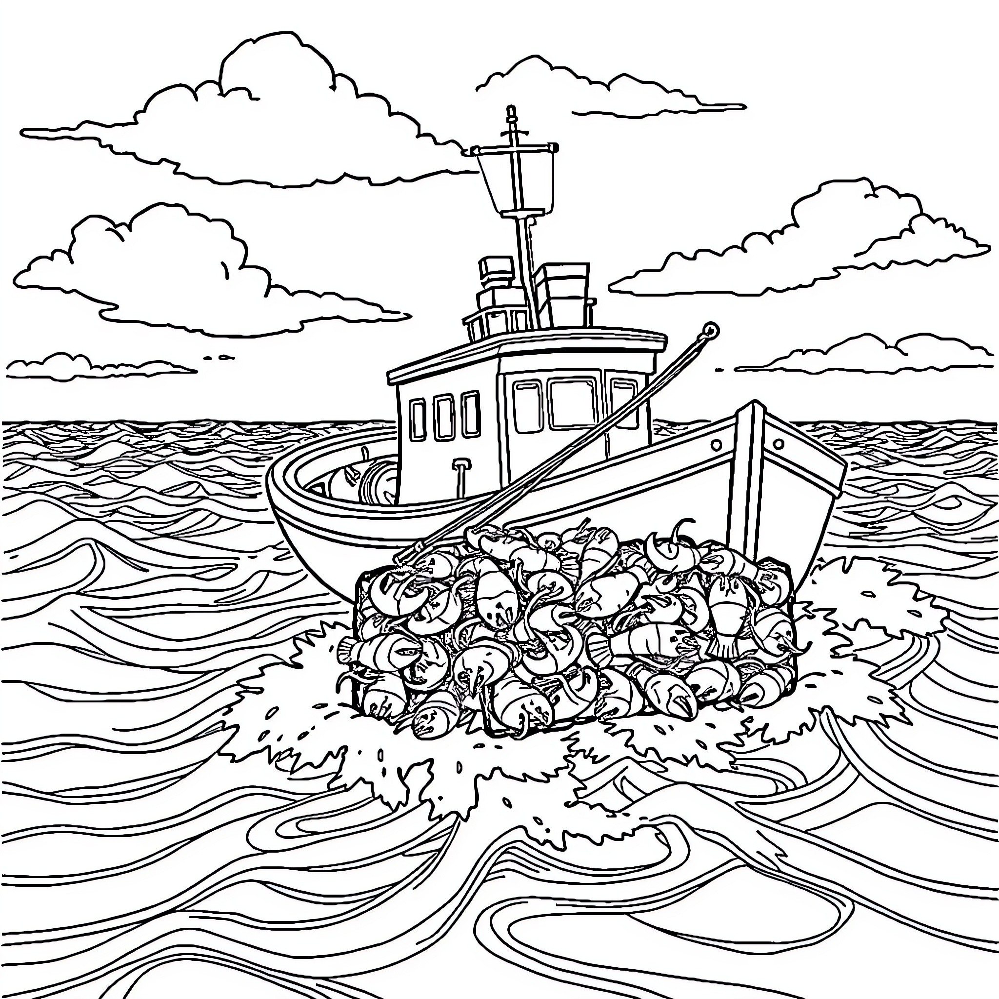 Lobster boat carrying a crowd in rough seas Coloring Page (free black-and-white line drawing printable PDF for all, from beginners to advanced learners, including children, teens, adults, and seniors)