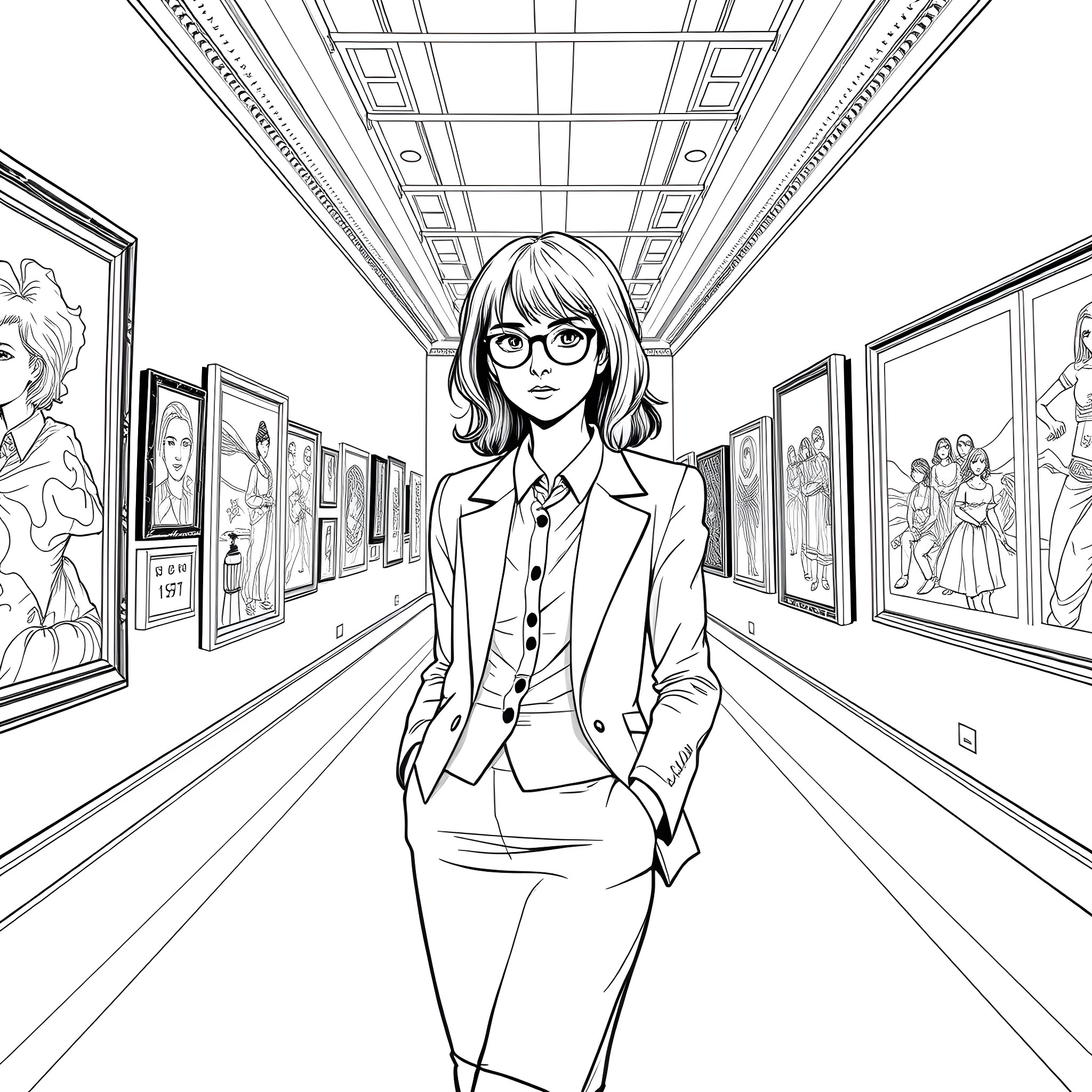 Girl in suit walking through art gallery Coloring Page (free black-and-white line drawing printable PDF for all, from beginners to advanced learners, including children, teens, adults, and seniors)