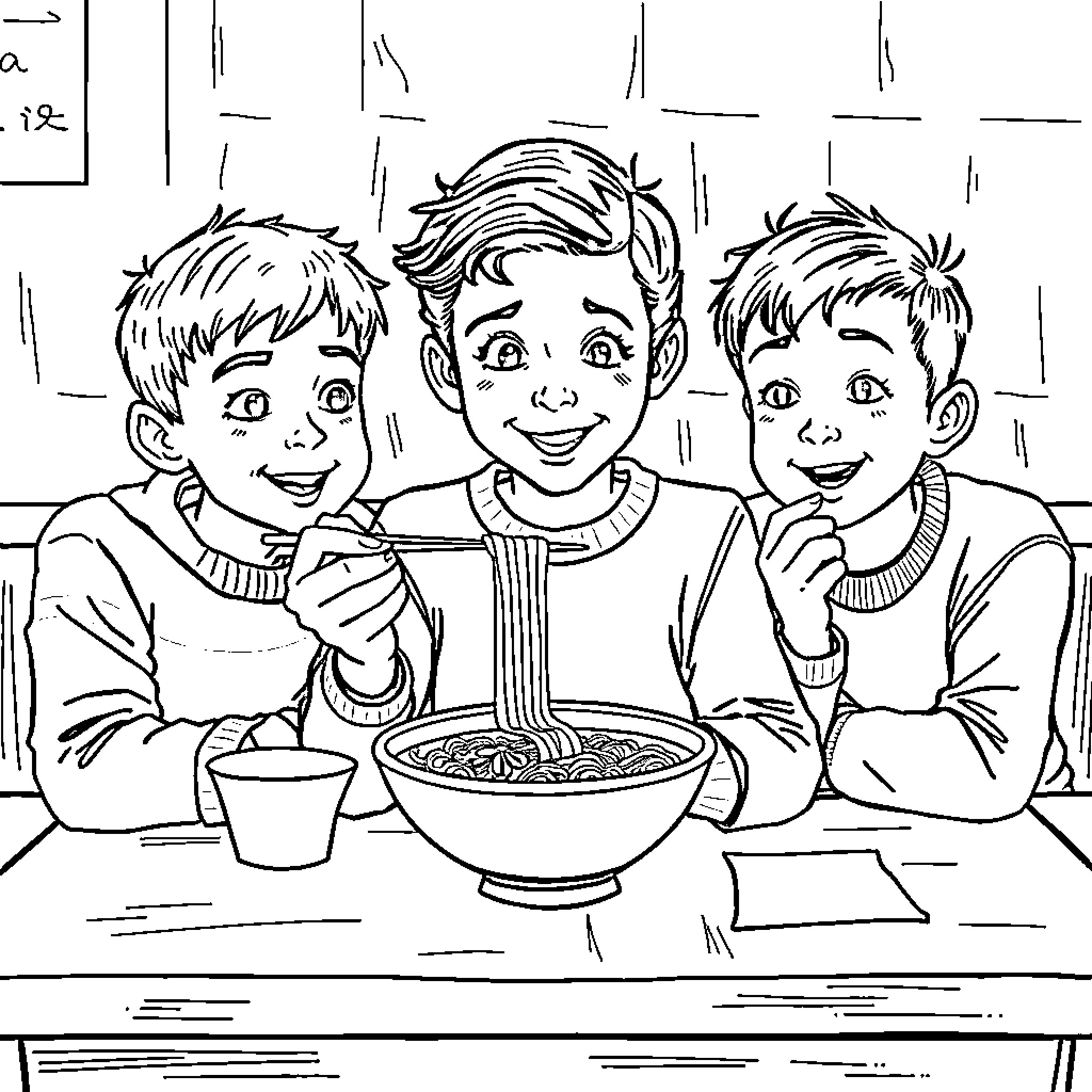 Eleven Boys Enjoying a Hearty Meal Together Coloring Page (free black-and-white line drawing printable PDF for all, from beginners to advanced learners, including children, teens, adults, and seniors)