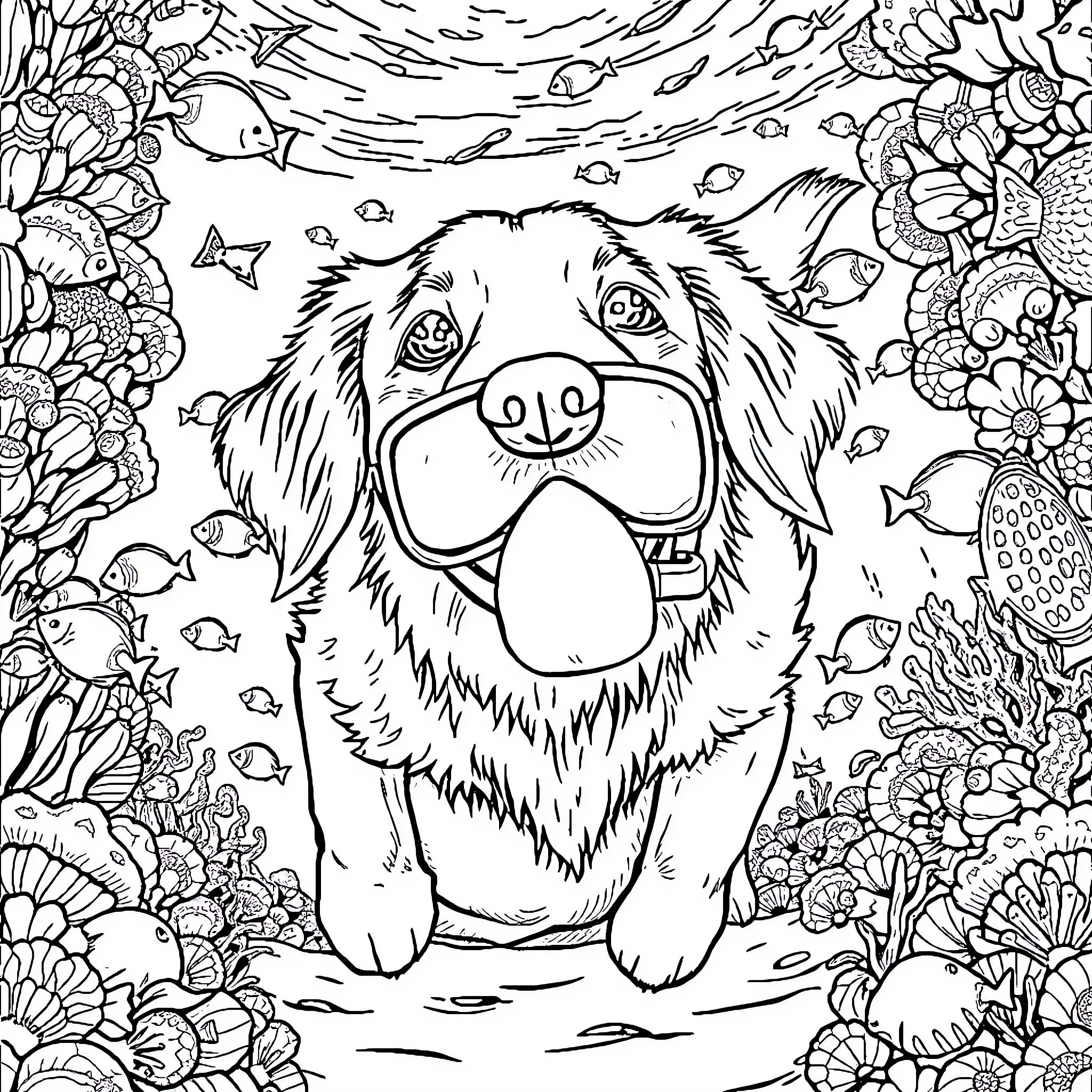Golden Retriever Enjoying the Underwater Scenery Coloring Page (free black-and-white line drawing printable PDF for all, from beginners to advanced learners, including children, teens, adults, and seniors)