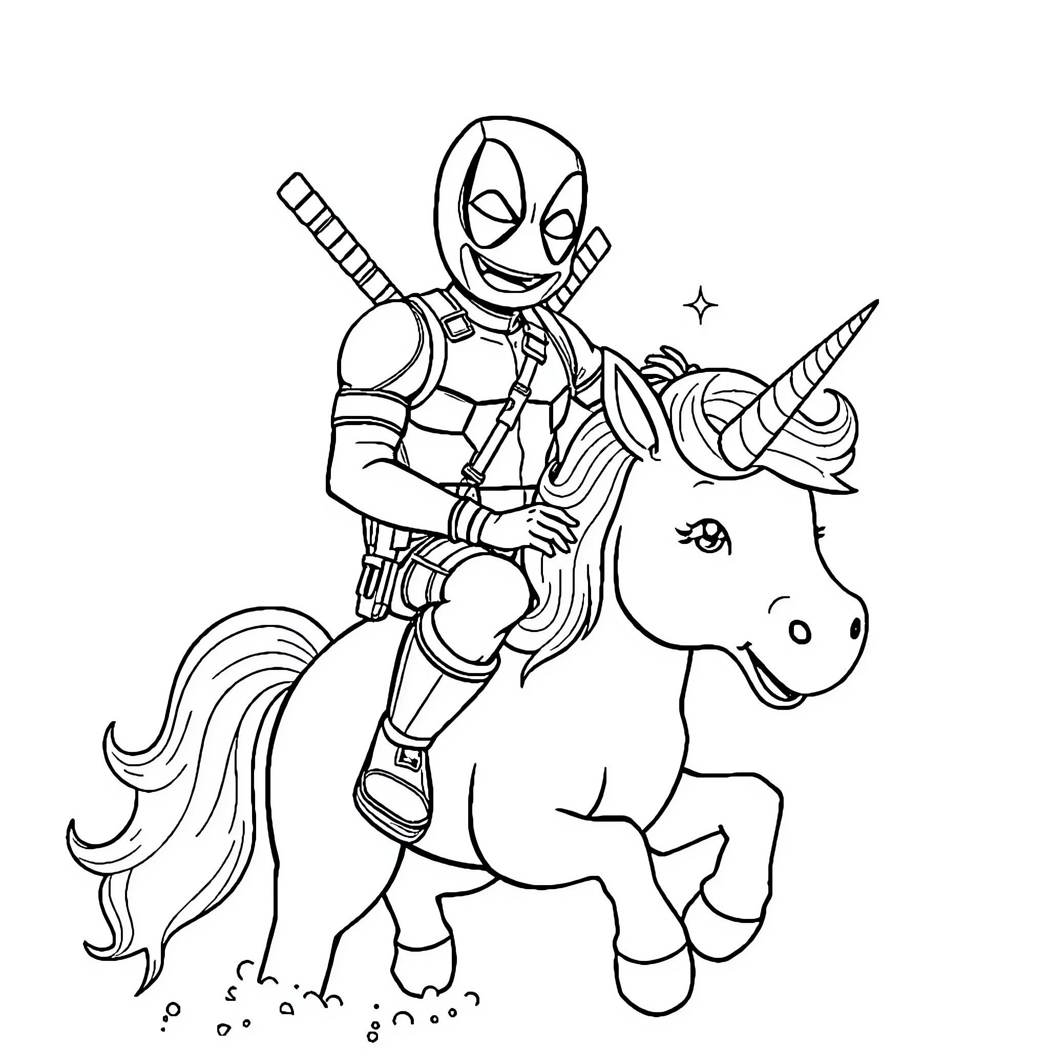 Deadpool riding a magical unicorn Coloring Page (free black-and-white line drawing printable PDF for all, from beginners to advanced learners, including children, teens, adults, and seniors)