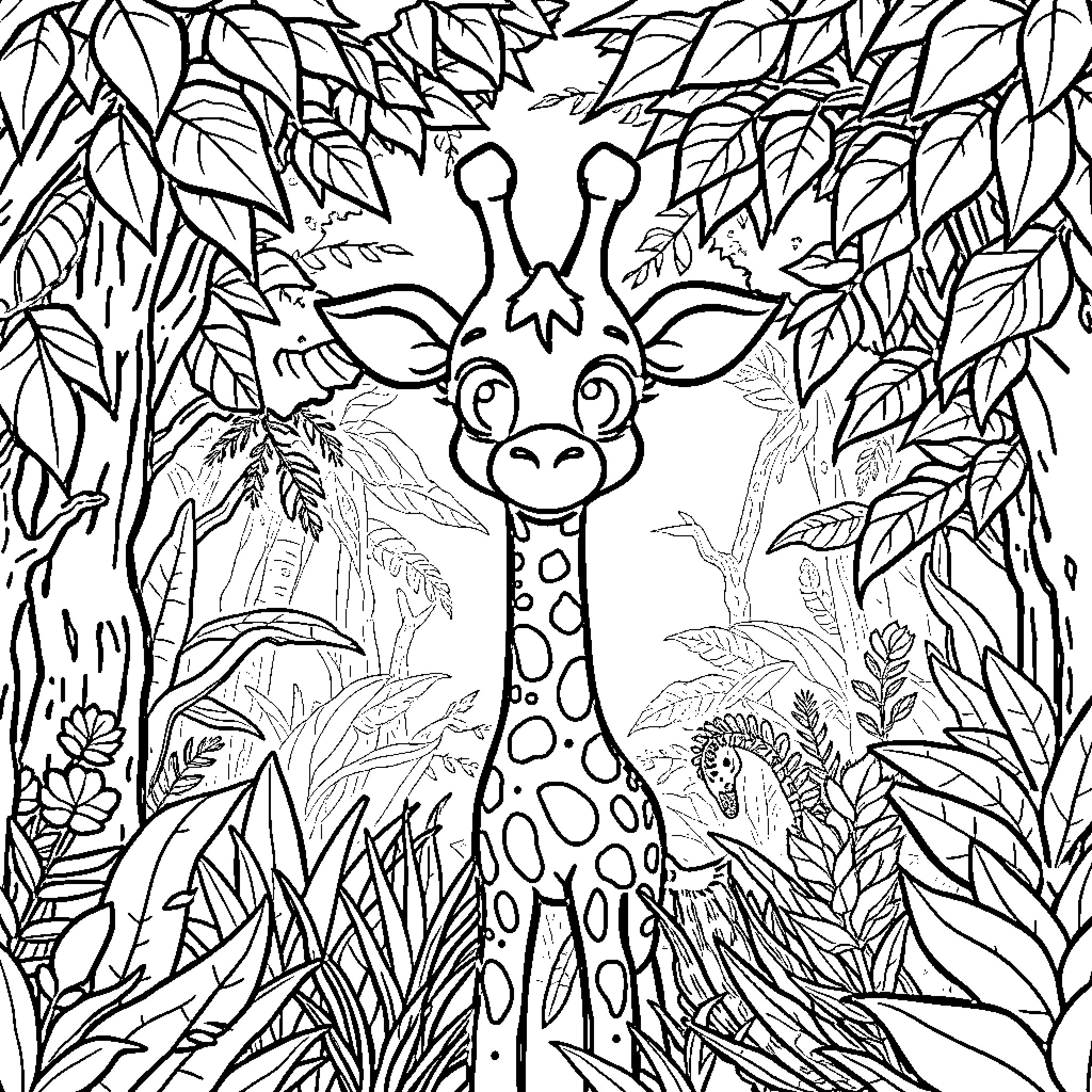 Giraffe exploring the lush jungle foliage Coloring Page (free black-and-white line drawing printable PDF for all, from beginners to advanced learners, including children, teens, adults, and seniors)