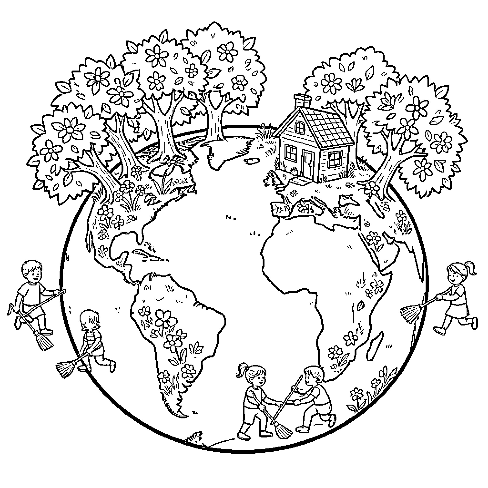 Earth being cared for by children planting and cleaning Coloring Page (free black-and-white line drawing printable PDF for all, from beginners to advanced learners, including children, teens, adults, and seniors)