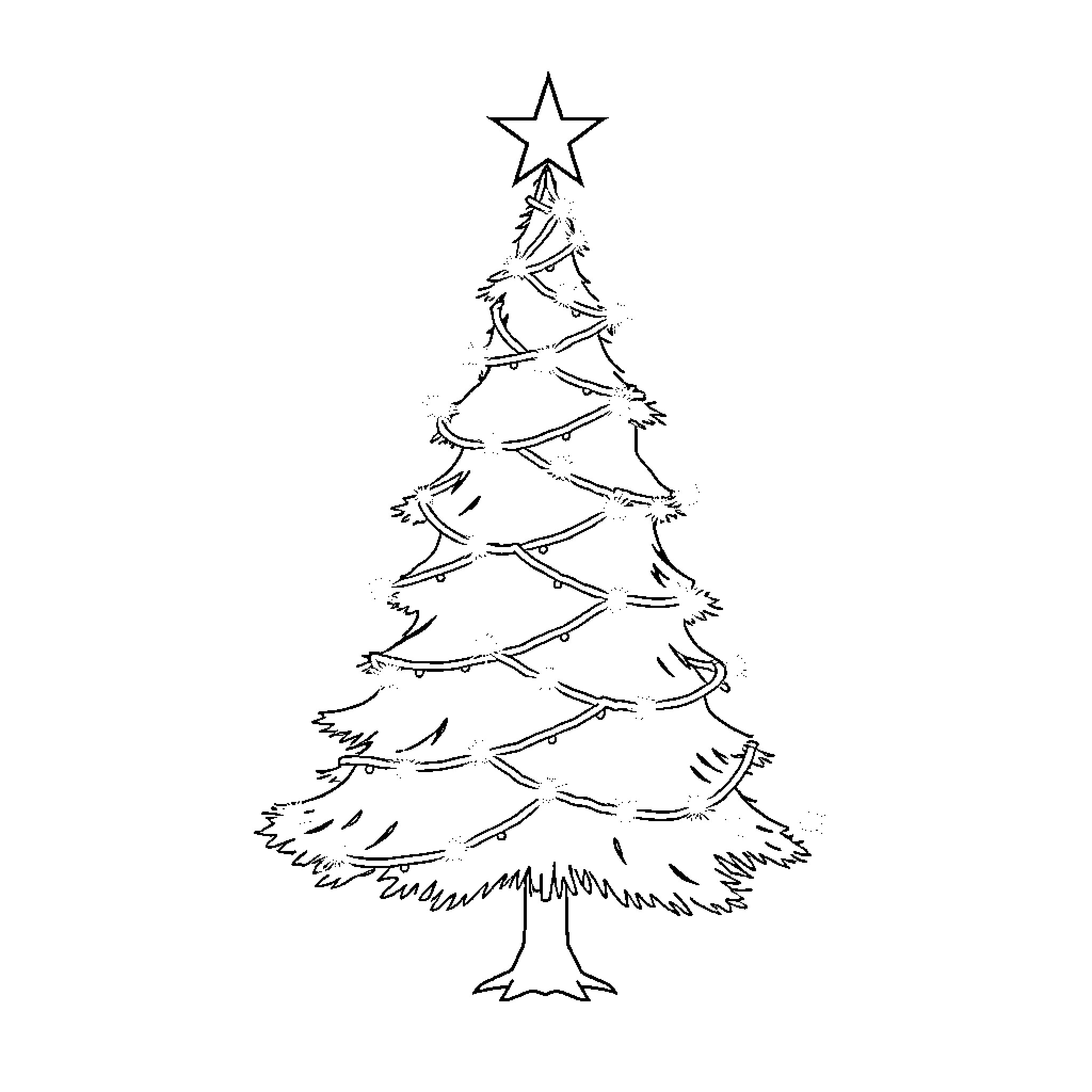Christmas Tree with Star Topper Coloring Page (free black-and-white line drawing printable PDF for all, from beginners to advanced learners, including children, teens, adults, and seniors)
