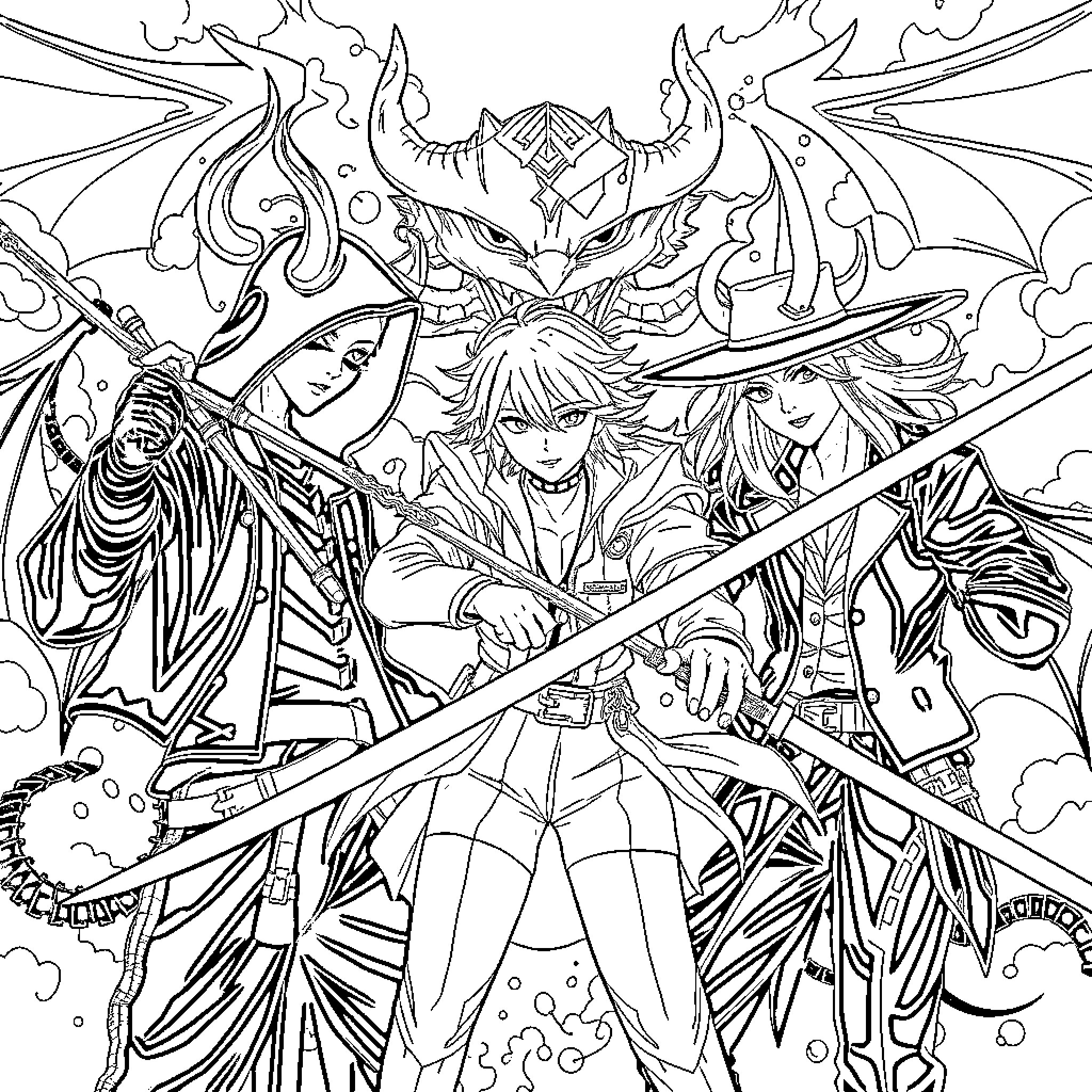 Kpop Demon Hunter: Heroic Characters Wielding Weapons Coloring Page (free black-and-white line drawing printable PDF for all, from beginners to advanced learners, including children, teens, adults, and seniors)