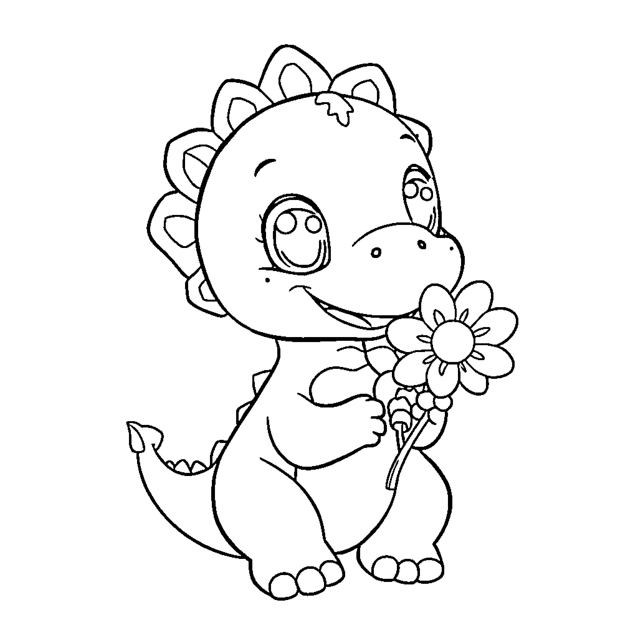 Dinosaur holding a flower Coloring Page (free black-and-white line drawing printable PDF for all, from beginners to advanced learners, including children, teens, adults, and seniors)