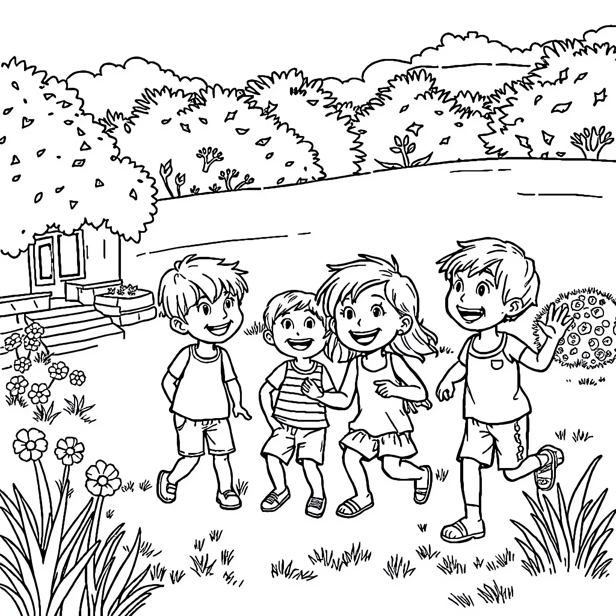 Kid friends playing happily in garden Coloring Page (free black-and-white line drawing printable PDF for all, from beginners to advanced learners, including children, teens, adults, and seniors)