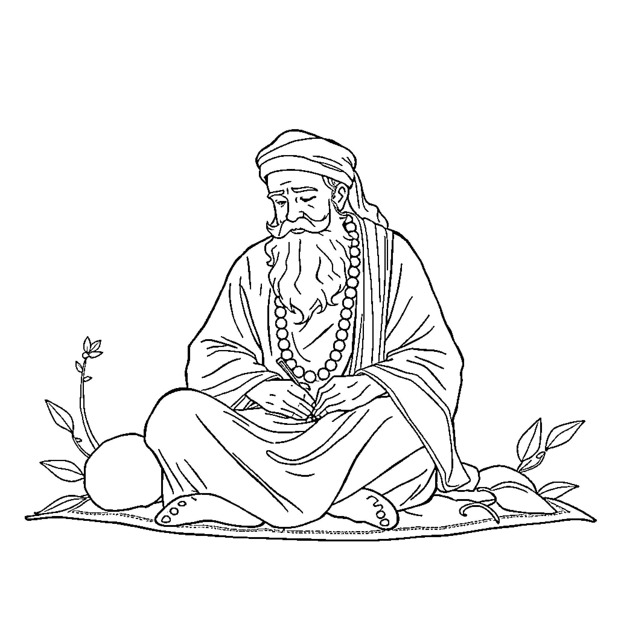 Rumi contemplating in a serene setting Coloring Page (free black-and-white line drawing printable PDF for all, from beginners to advanced learners, including children, teens, adults, and seniors)