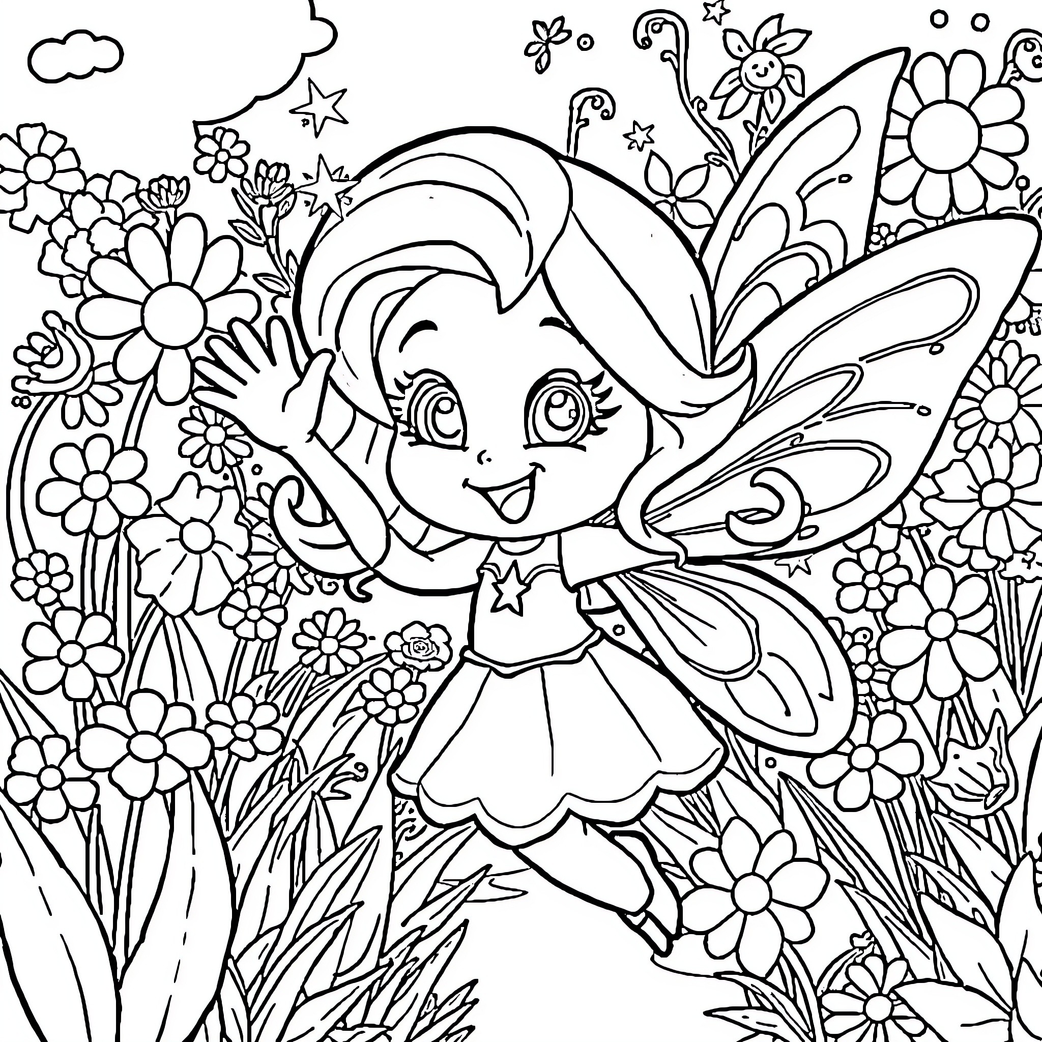 Abby Cadabby Exploring the Enchanted Garden Coloring Page (free black-and-white line drawing printable PDF for all, from beginners to advanced learners, including children, teens, adults, and seniors)