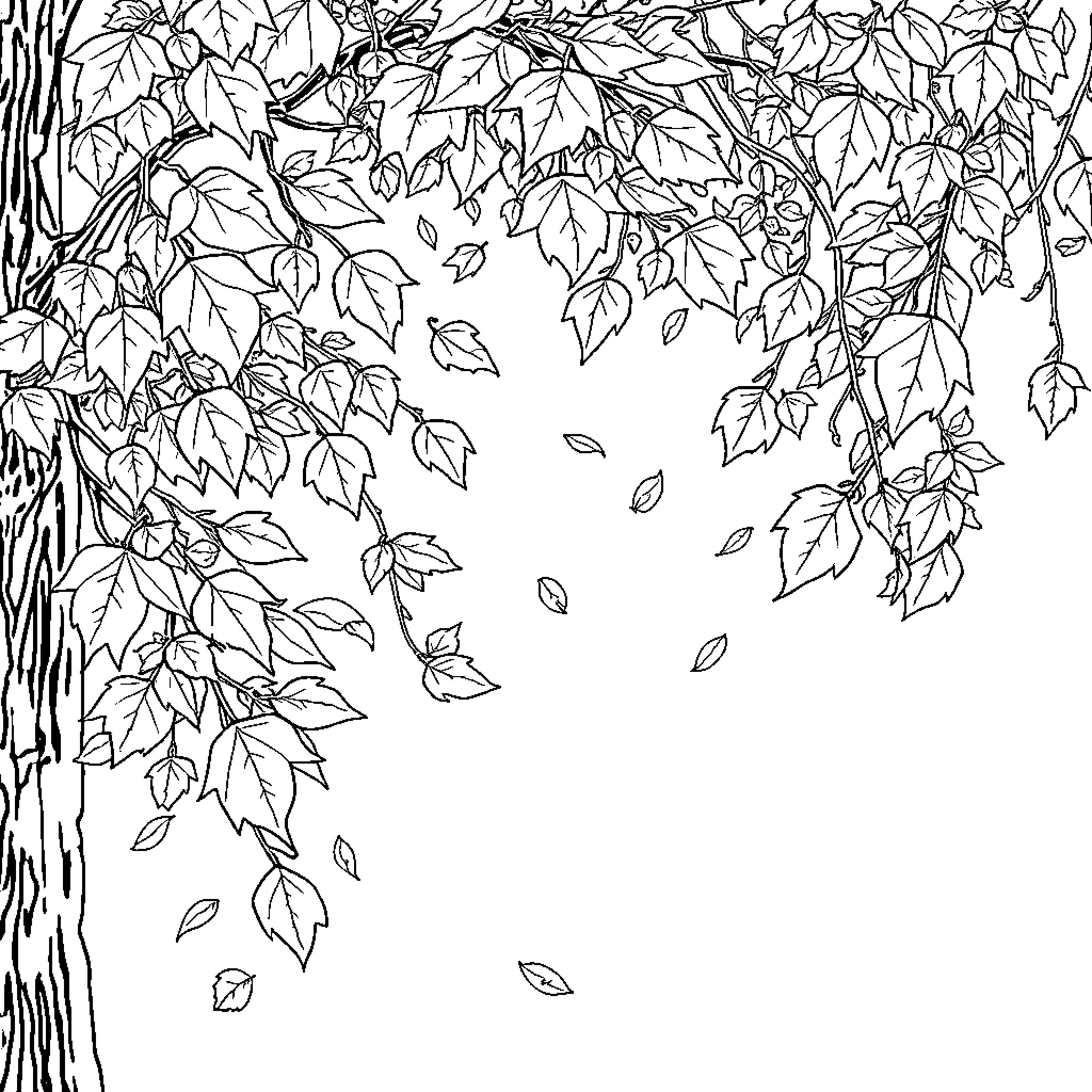 Leaf Storm Blowing Through the Trees Coloring Page (free black-and-white line drawing printable PDF for all, from beginners to advanced learners, including children, teens, adults, and seniors)
