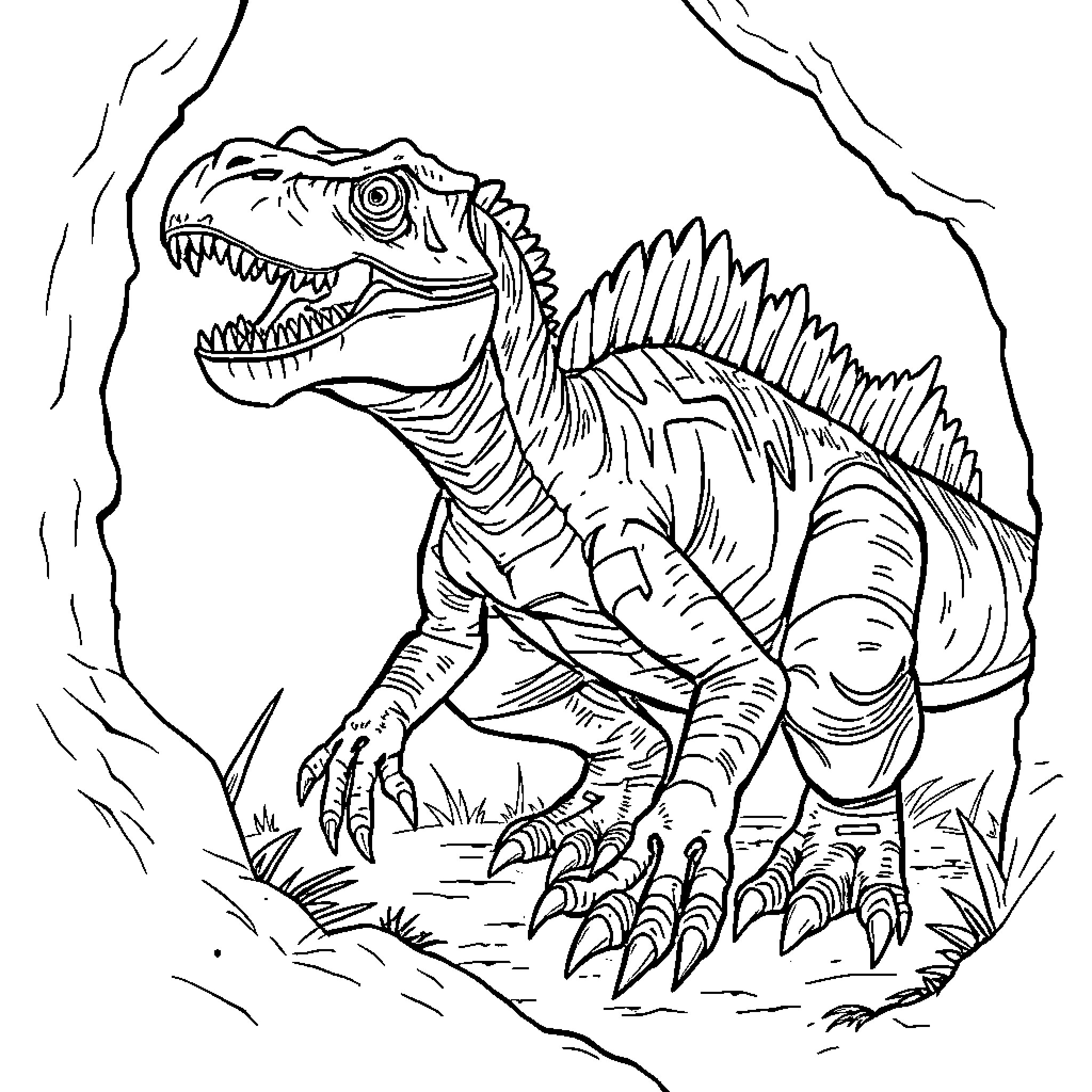 Indoraptor Hunting in a Dangerous Jungle Landscape Coloring Page (free black-and-white line drawing printable PDF for all, from beginners to advanced learners, including children, teens, adults, and seniors)