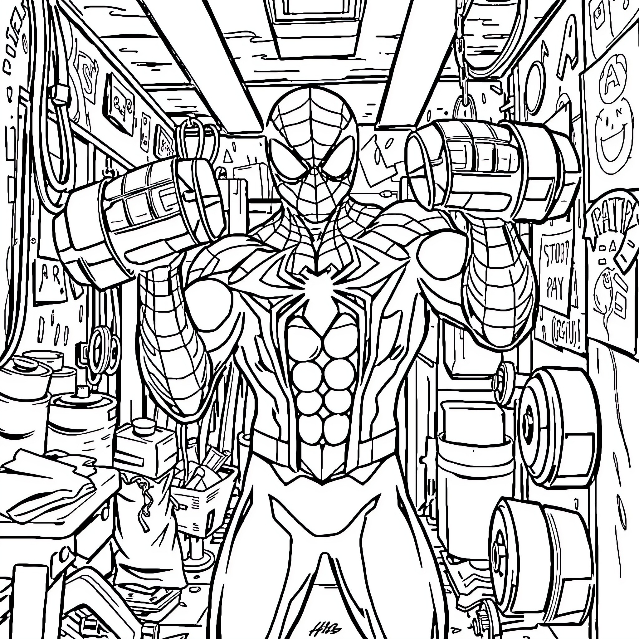 Spiderman in action-packed scene with gadgets Coloring Page (free black-and-white line drawing printable PDF for all, from beginners to advanced learners, including children, teens, adults, and seniors)