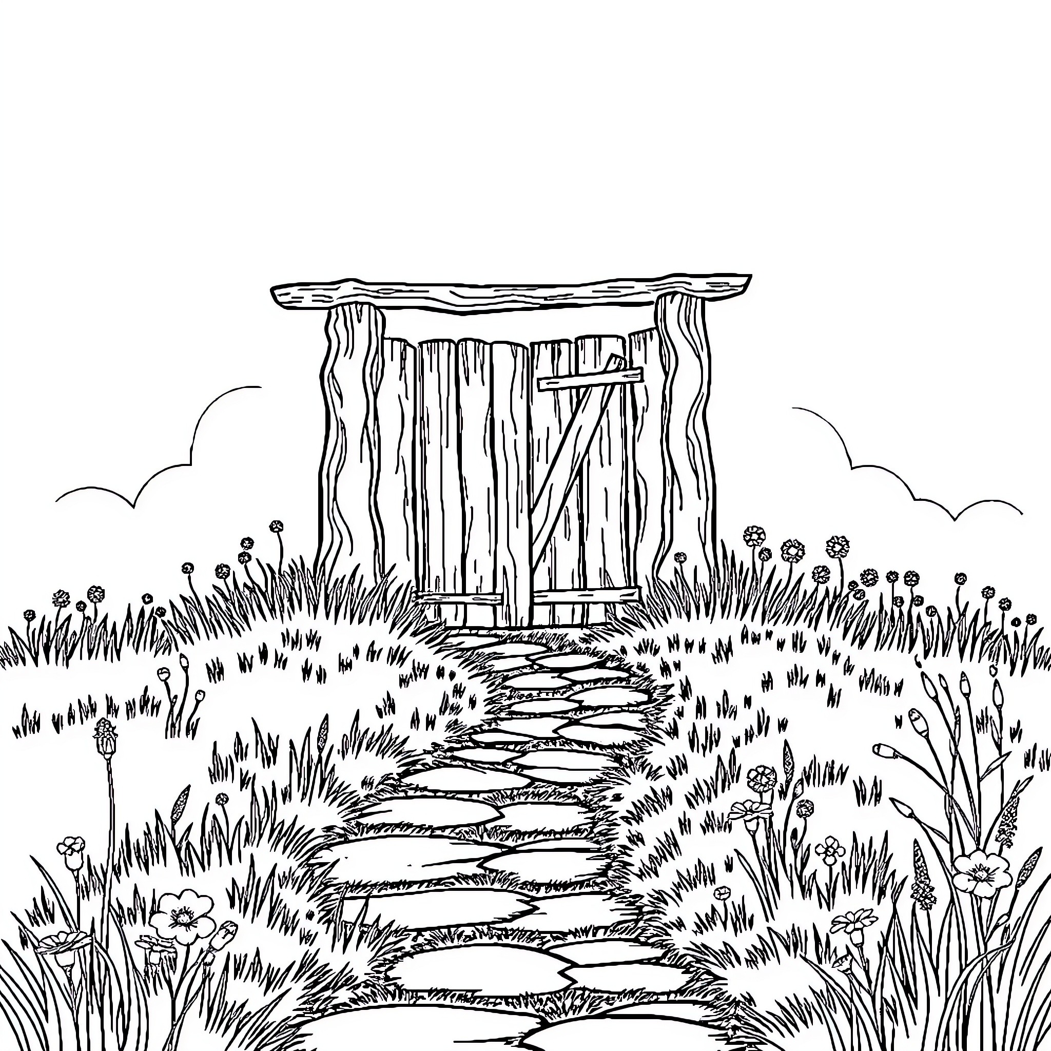 Gate Leading to Rustic Woodland Path Coloring Page (free black-and-white line drawing printable PDF for all, from beginners to advanced learners, including children, teens, adults, and seniors)