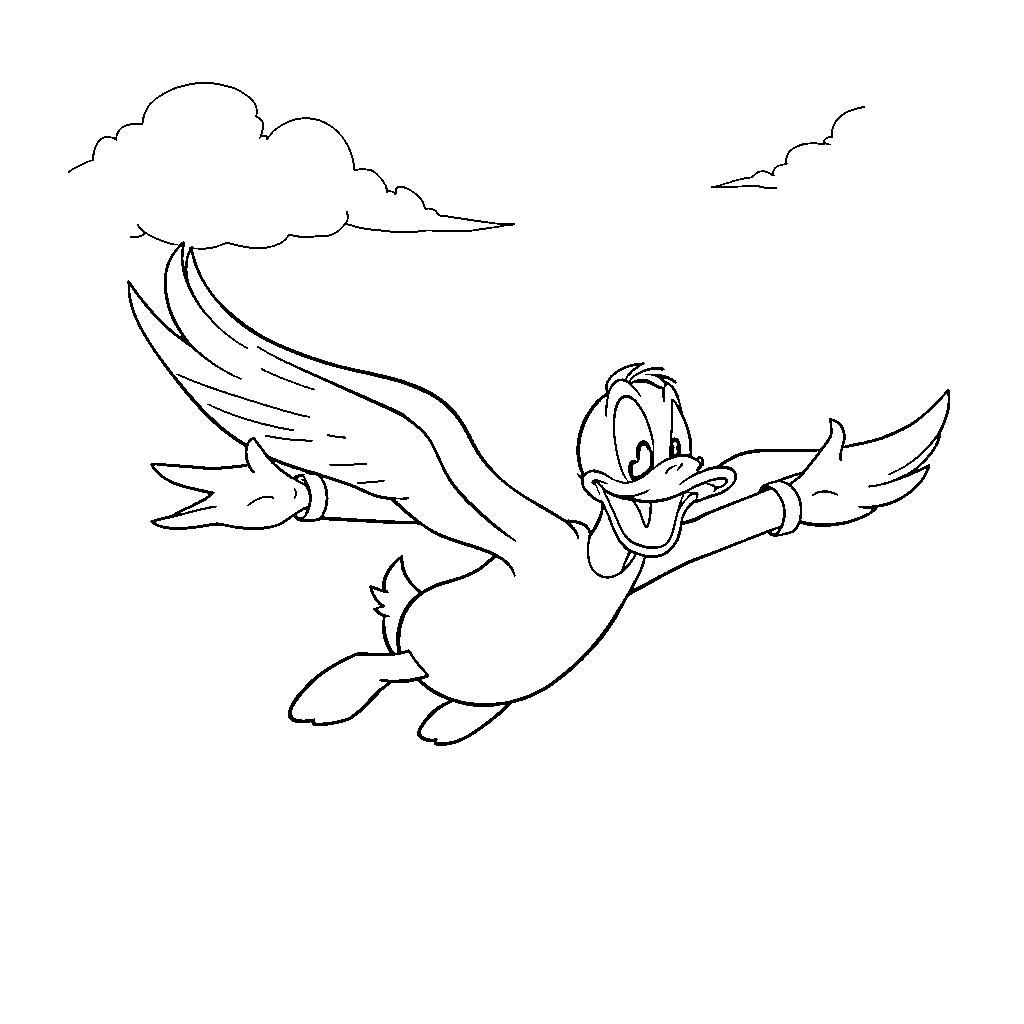 Donald Duck soaring through the sky Coloring Page (free black-and-white line drawing printable PDF for all, from beginners to advanced learners, including children, teens, adults, and seniors)