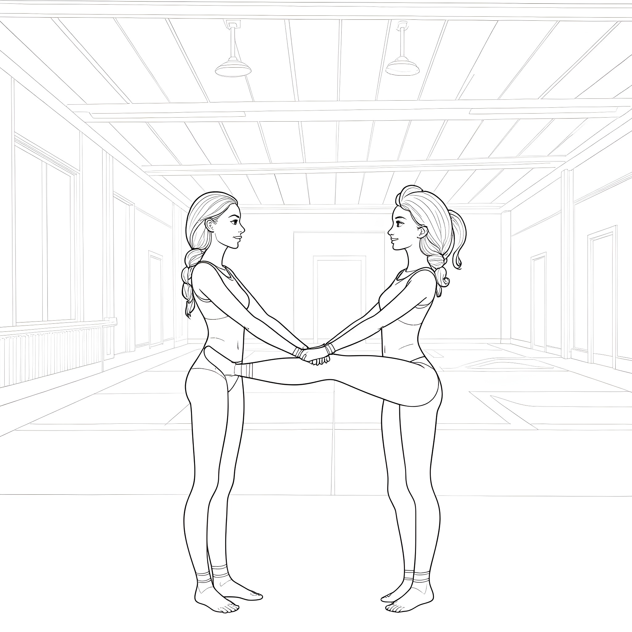 Elsa and friend perform ballet pose in studio Coloring Page (free black-and-white line drawing printable PDF for all, from beginners to advanced learners, including children, teens, adults, and seniors)