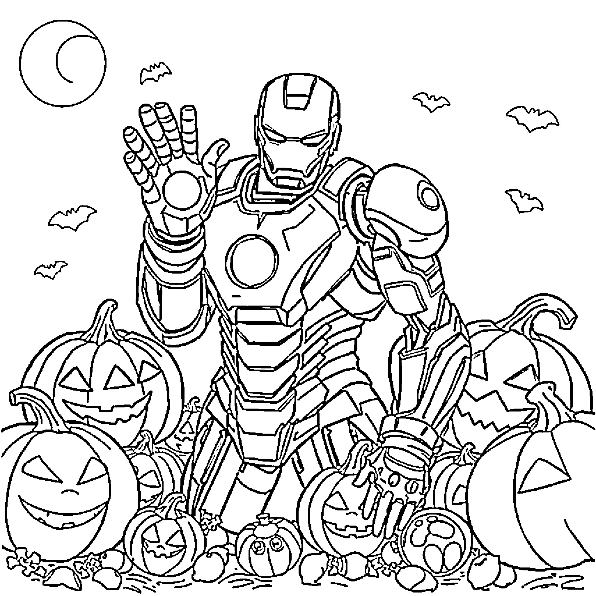 Iron Man in Halloween Costume Coloring Page (free black-and-white line drawing printable PDF for all, from beginners to advanced learners, including children, teens, adults, and seniors)