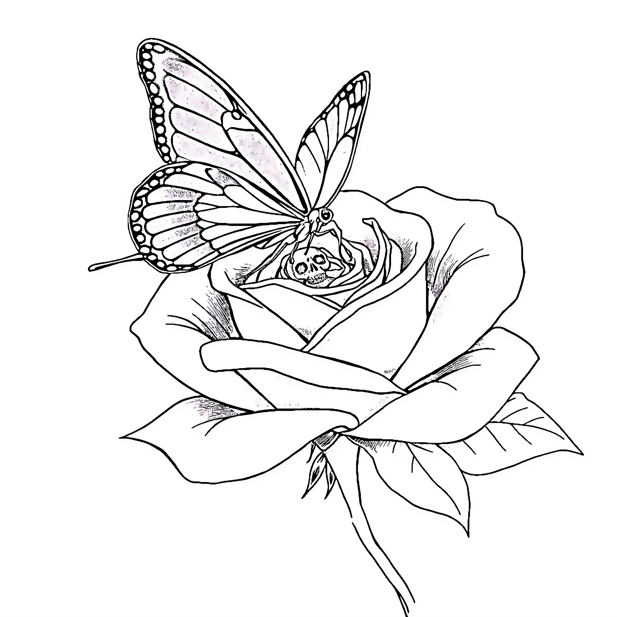 Skull Butterfly resting on Rose bloom Coloring Page (free black-and-white line drawing printable PDF for all, from beginners to advanced learners, including children, teens, adults, and seniors)