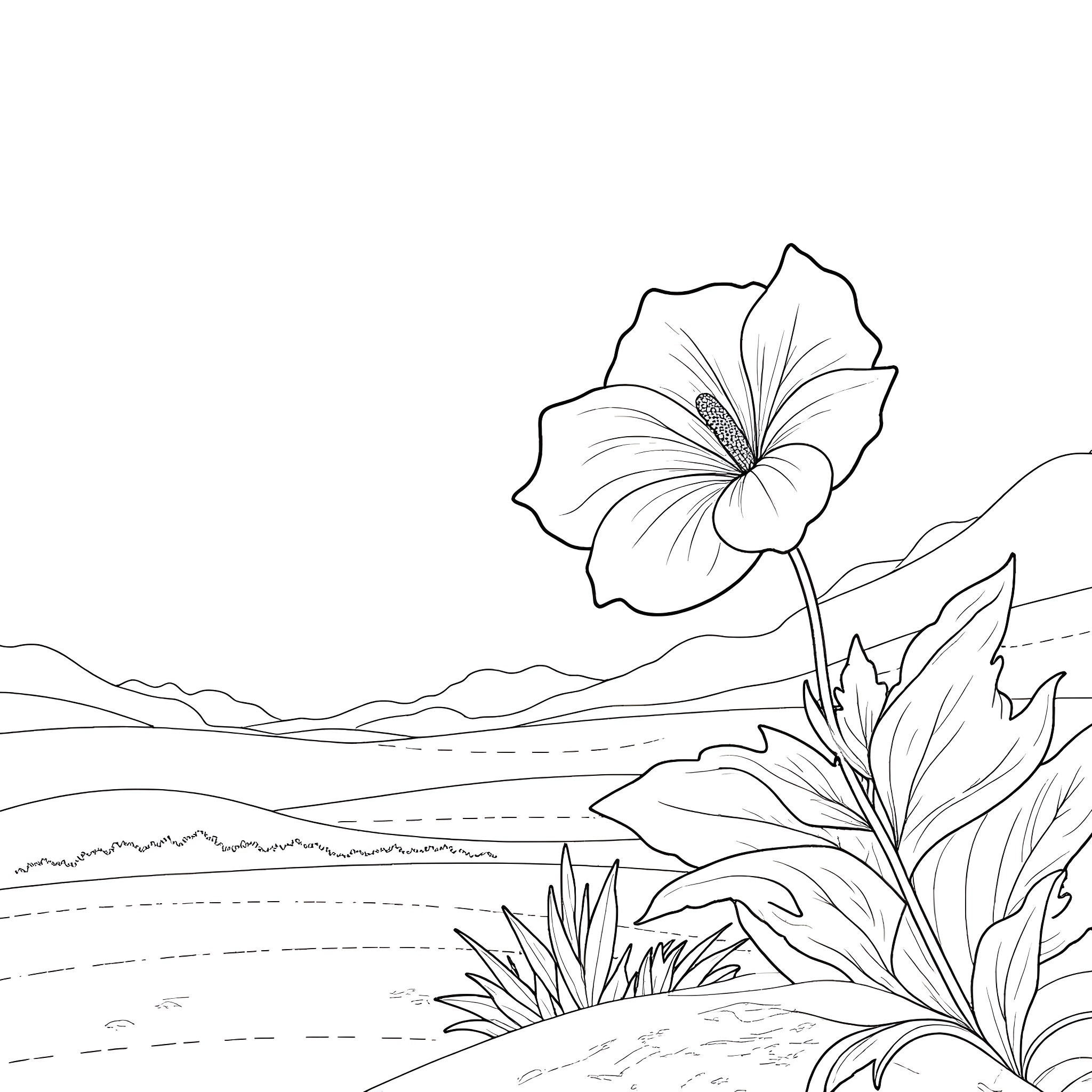 Monstera Flower in the Landscape Coloring Page (free black-and-white line drawing printable PDF for all, from beginners to advanced learners, including children, teens, adults, and seniors)