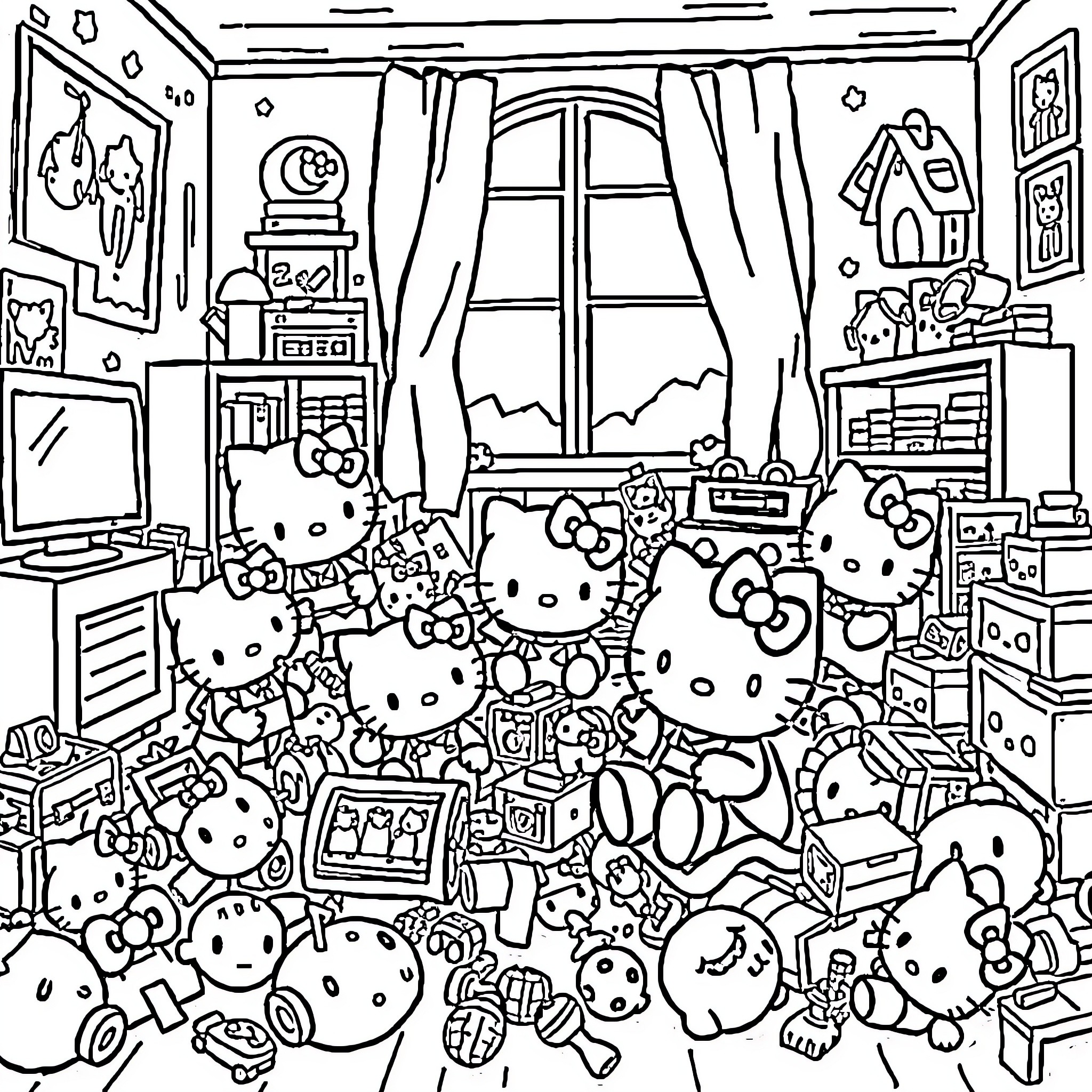 Hello Kitty's Playful Bedroom Adventure Coloring Page (free black-and-white line drawing printable PDF for all, from beginners to advanced learners, including children, teens, adults, and seniors)