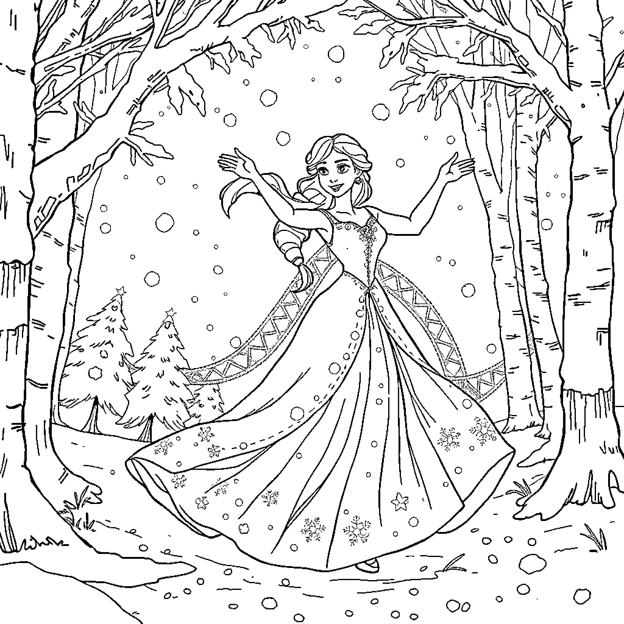 Queen in a Winter Wonderland Coloring Page (free black-and-white line drawing printable PDF for all, from beginners to advanced learners, including children, teens, adults, and seniors)