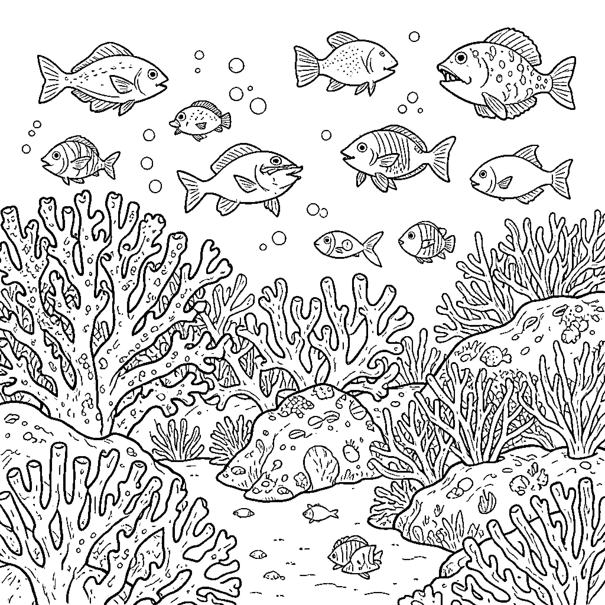 Coral reef scene with various fish swimming around Coloring Page (free black-and-white line drawing printable PDF for all, from beginners to advanced learners, including children, teens, adults, and seniors)