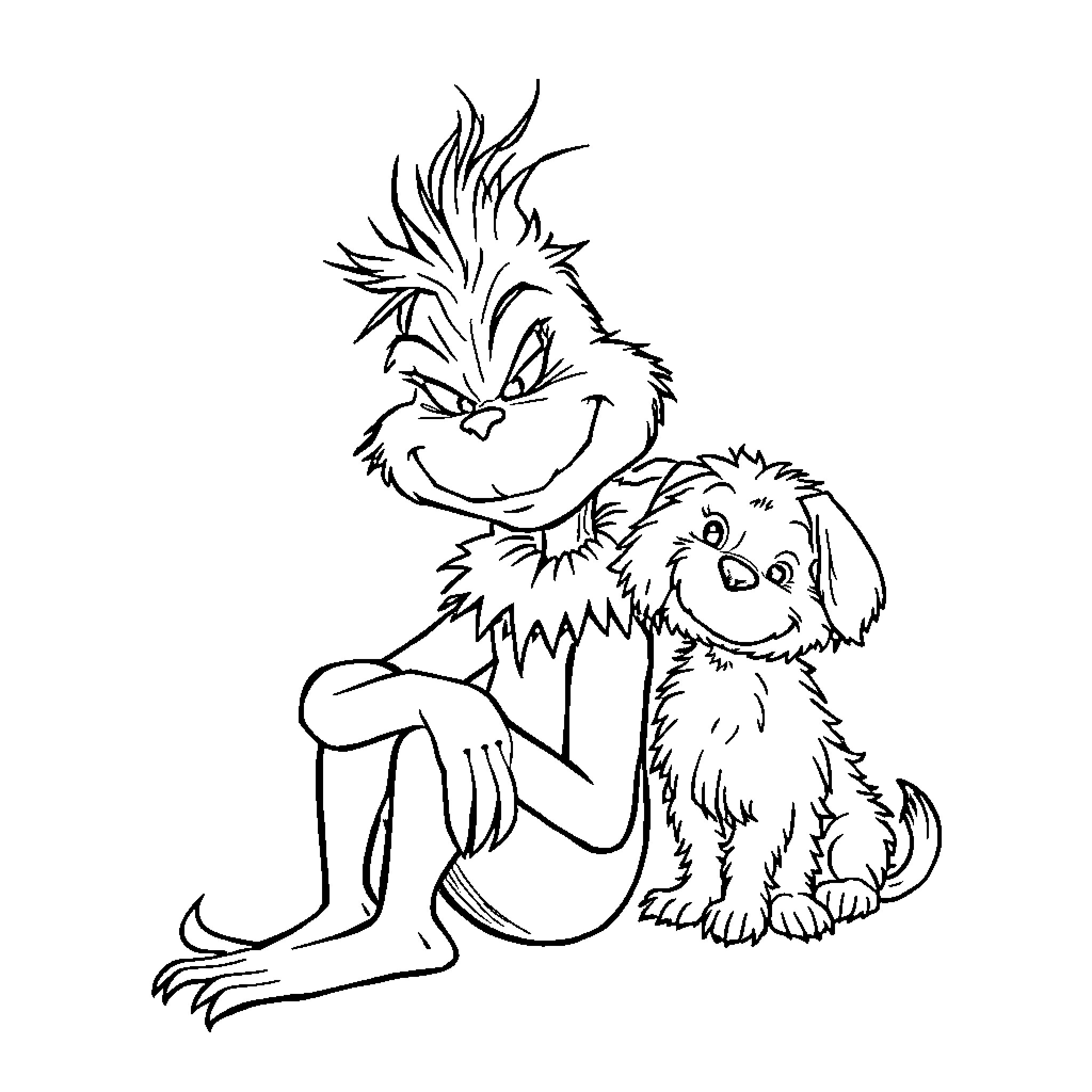 Grinch character and his dog playing happily Coloring Page (free black-and-white line drawing printable PDF for all, from beginners to advanced learners, including children, teens, adults, and seniors)