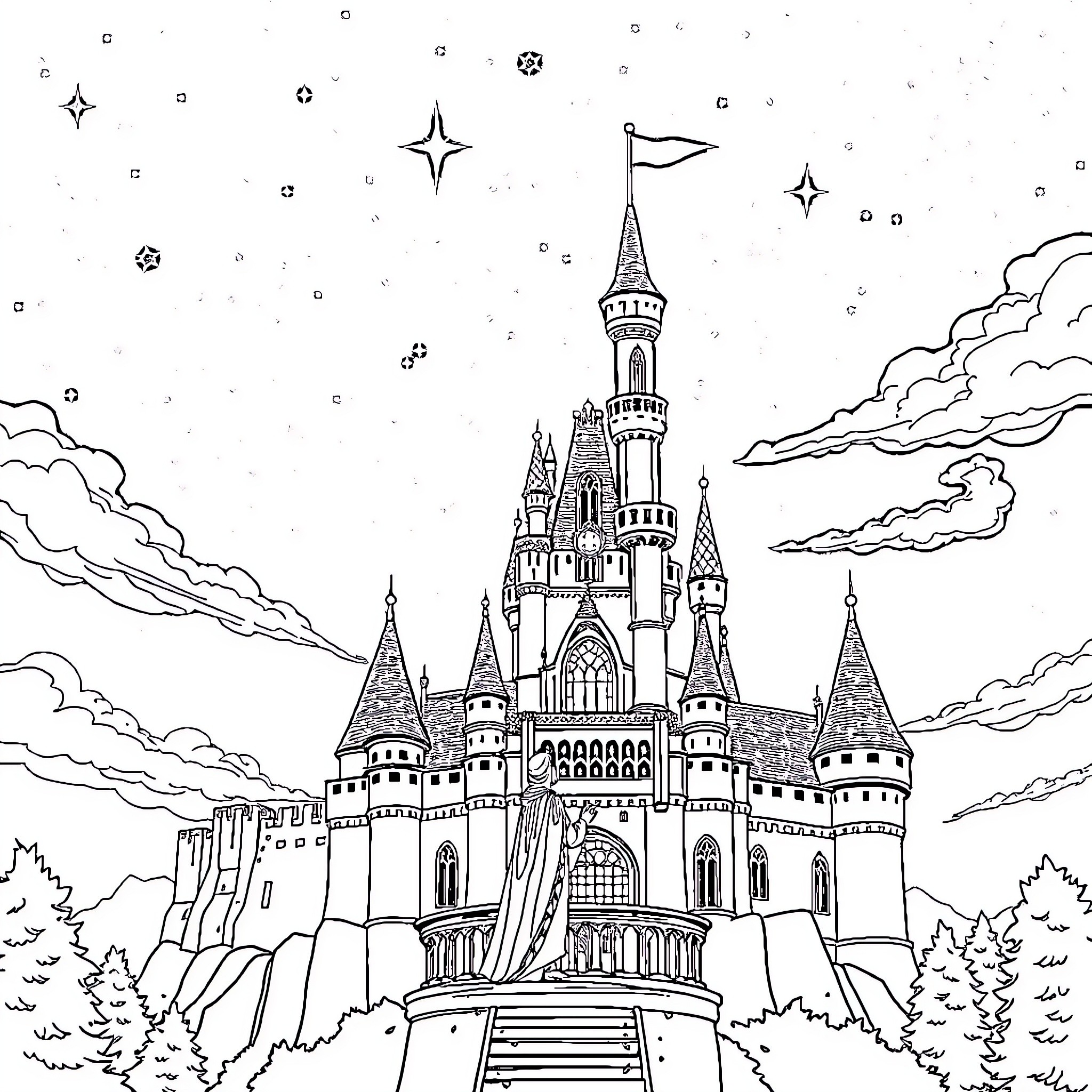 Castle of Enchantment and Adventure Coloring Page (free black-and-white line drawing printable PDF for all, from beginners to advanced learners, including children, teens, adults, and seniors)