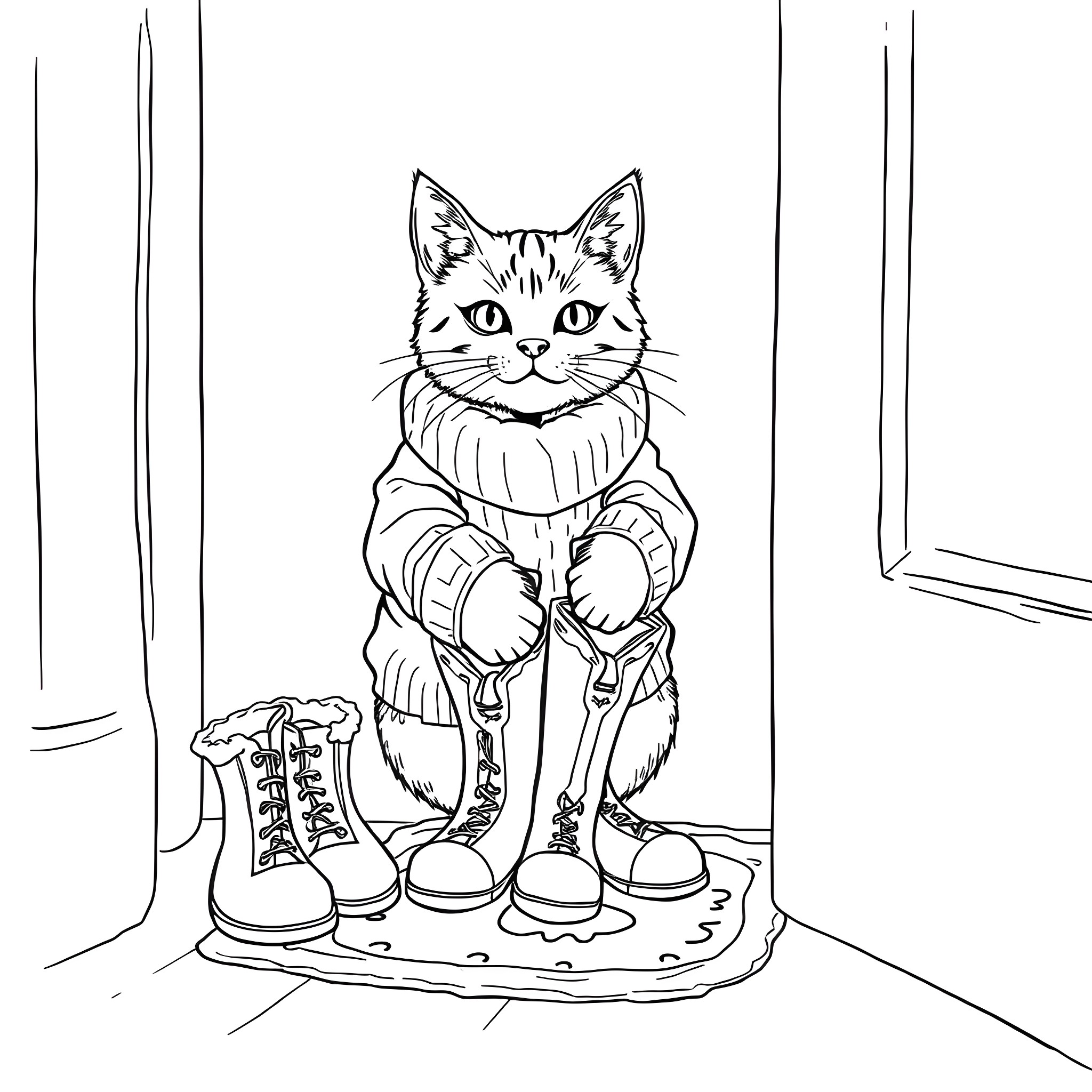 Cat dressed in winter clothing Coloring Page (free black-and-white line drawing printable PDF for all, from beginners to advanced learners, including children, teens, adults, and seniors)