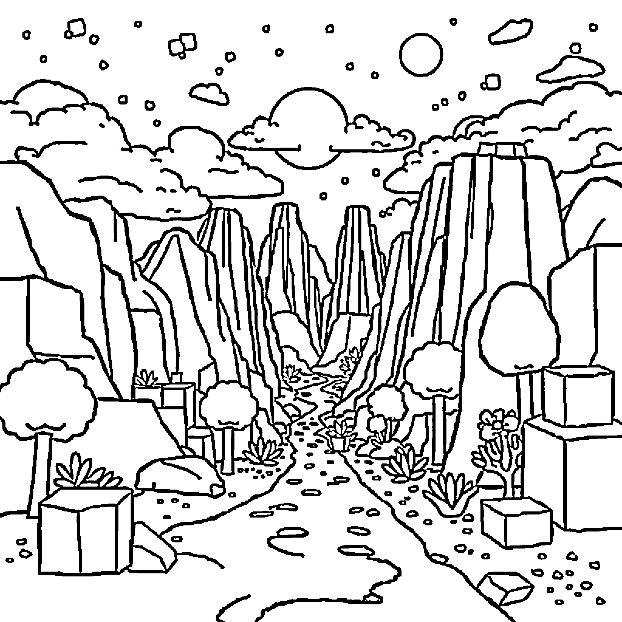 Minecraft Mountainous Landscape with Scenic Path Coloring Page (free black-and-white line drawing printable PDF for all, from beginners to advanced learners, including children, teens, adults, and seniors)