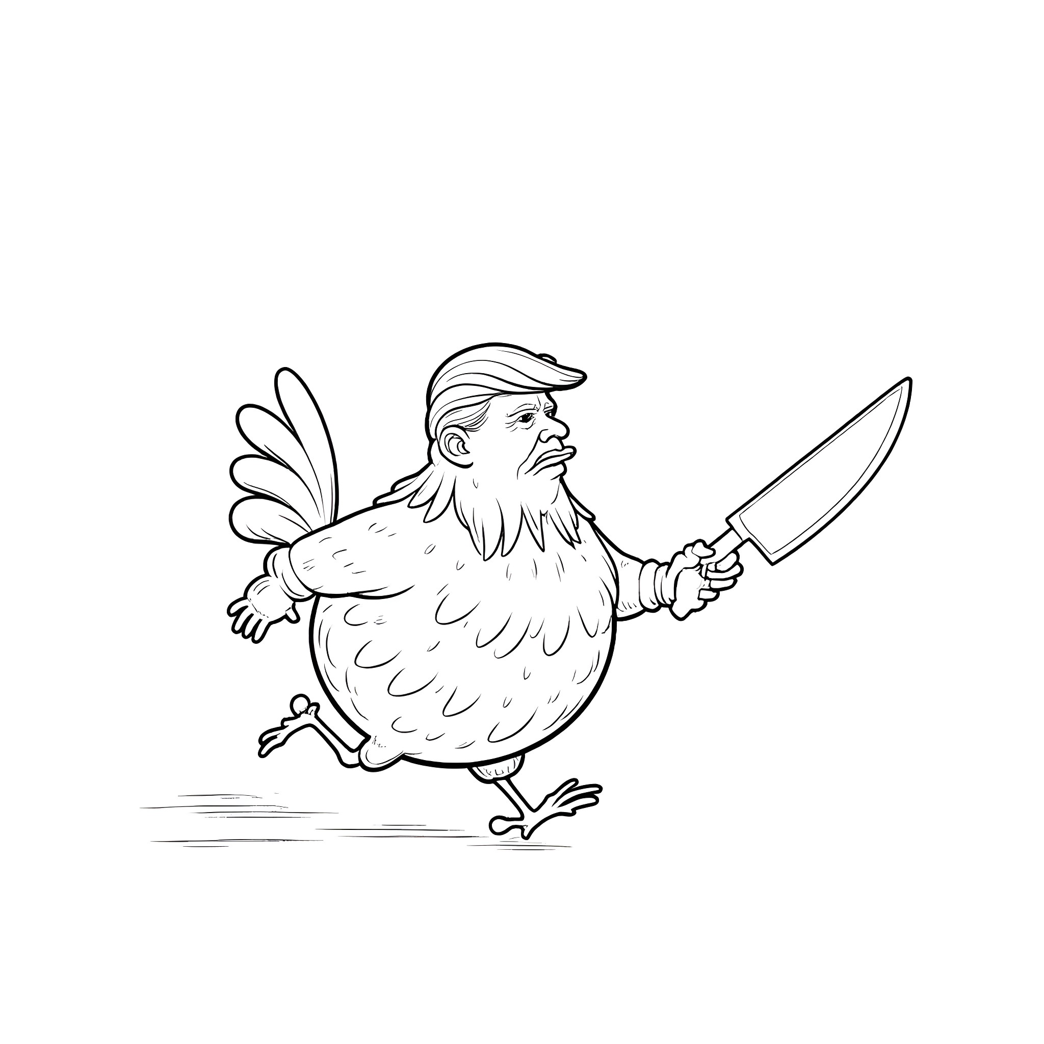 Donald Trump as a Determined Chicken with a Knife Coloring Page (free black-and-white line drawing printable PDF for all, from beginners to advanced learners, including children, teens, adults, and seniors)